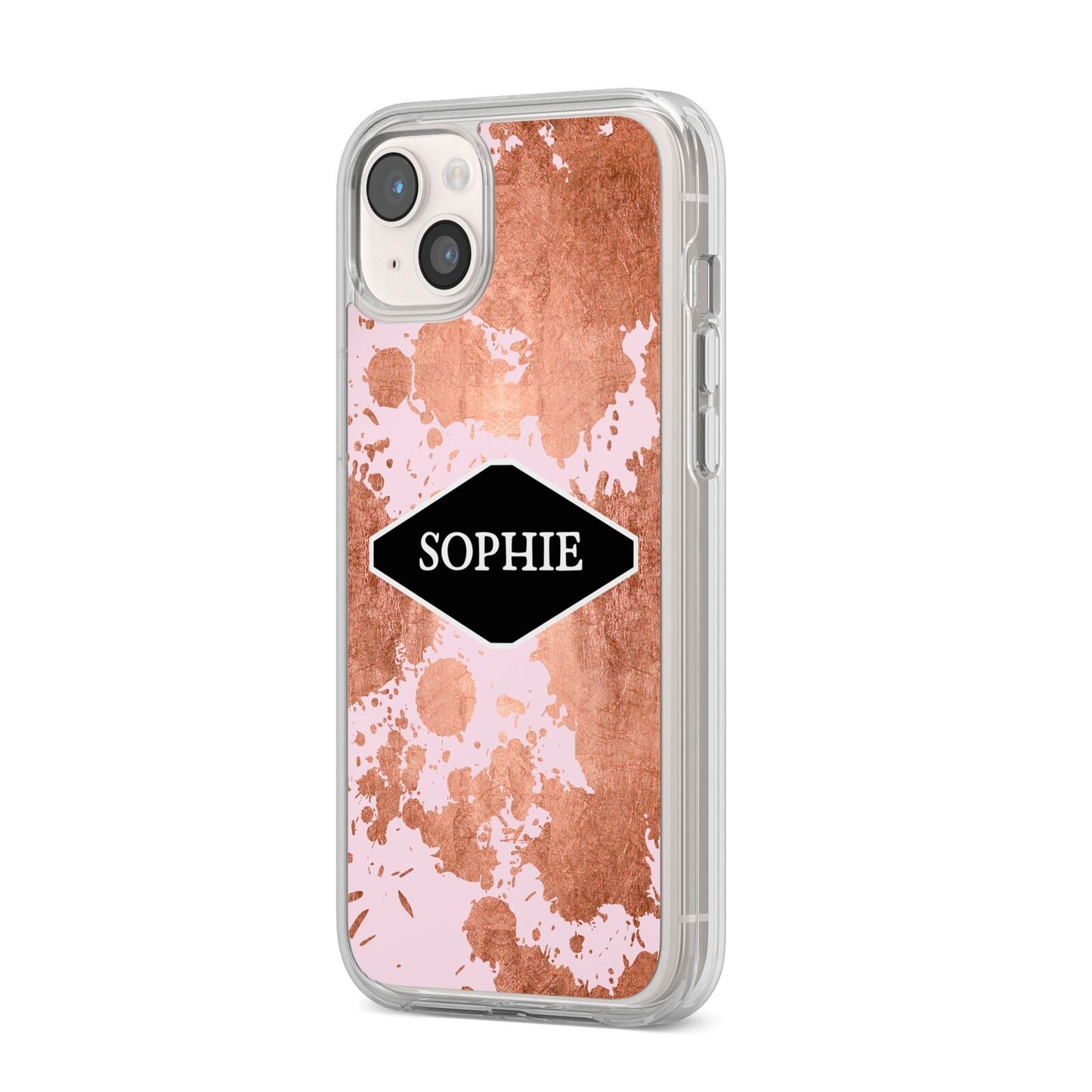 Personalised Pink Copper Splatter Name iPhone 14 Plus Clear Tough Case Starlight Angled Image