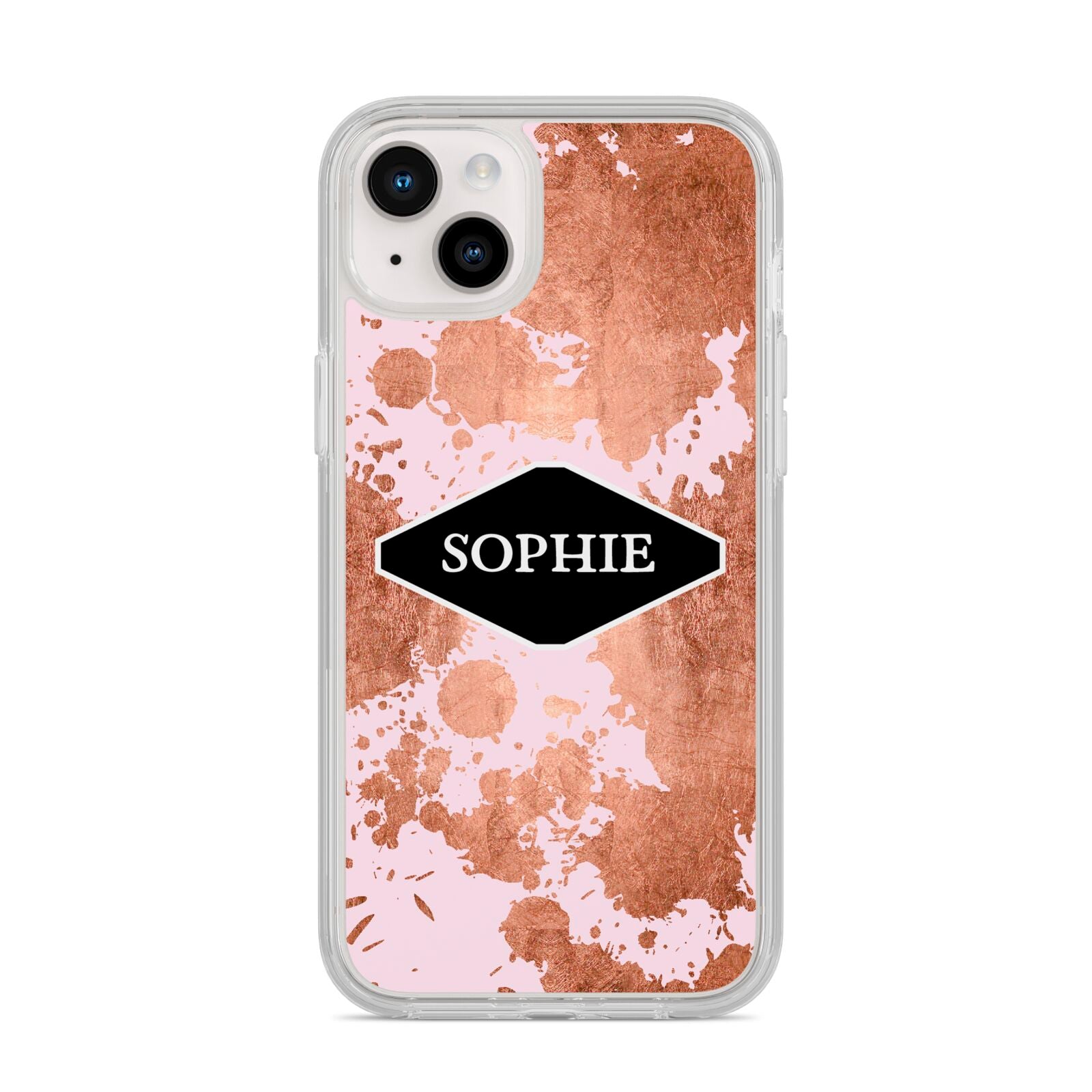 Personalised Pink Copper Splatter Name iPhone 14 Plus Clear Tough Case Starlight