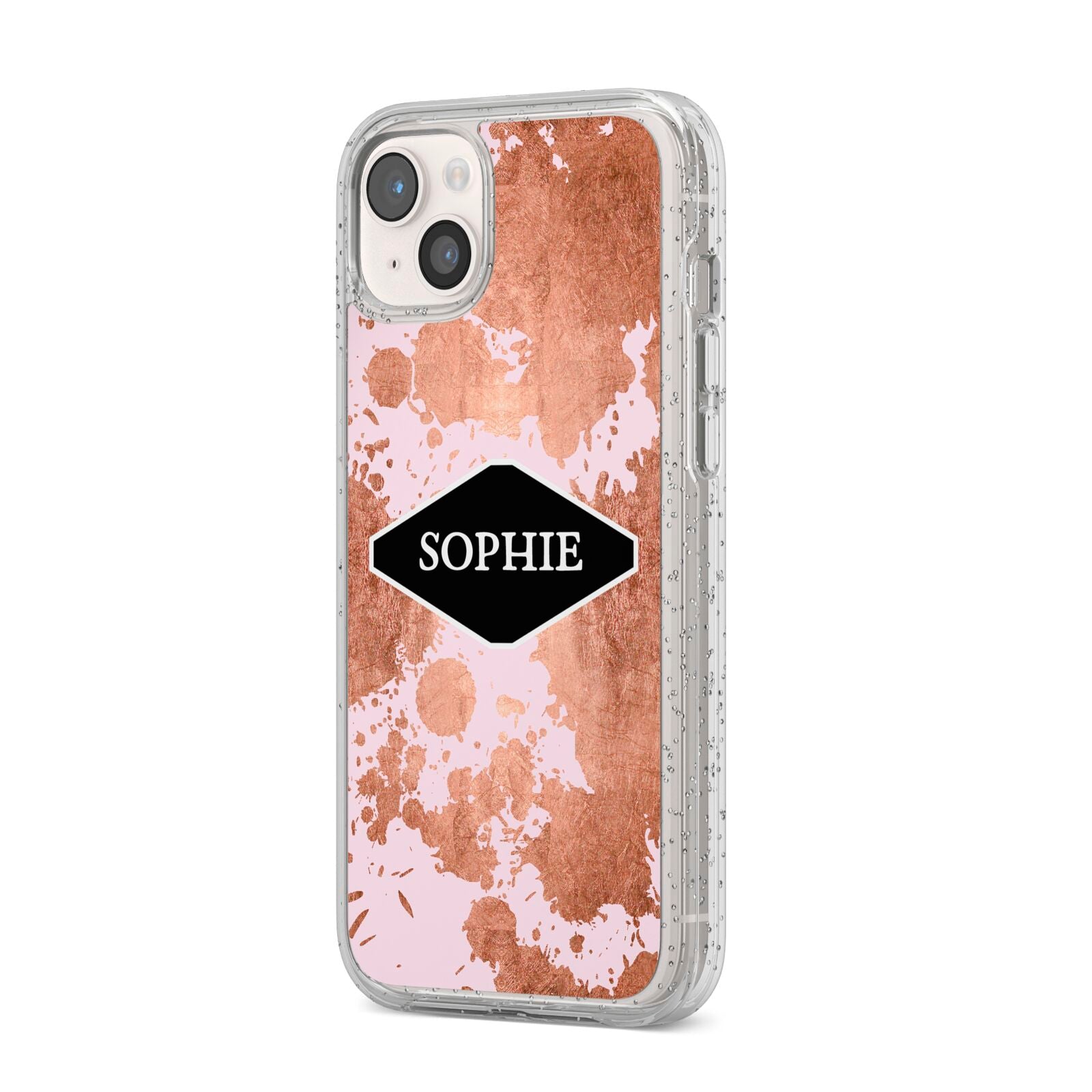 Personalised Pink Copper Splatter Name iPhone 14 Plus Glitter Tough Case Starlight Angled Image