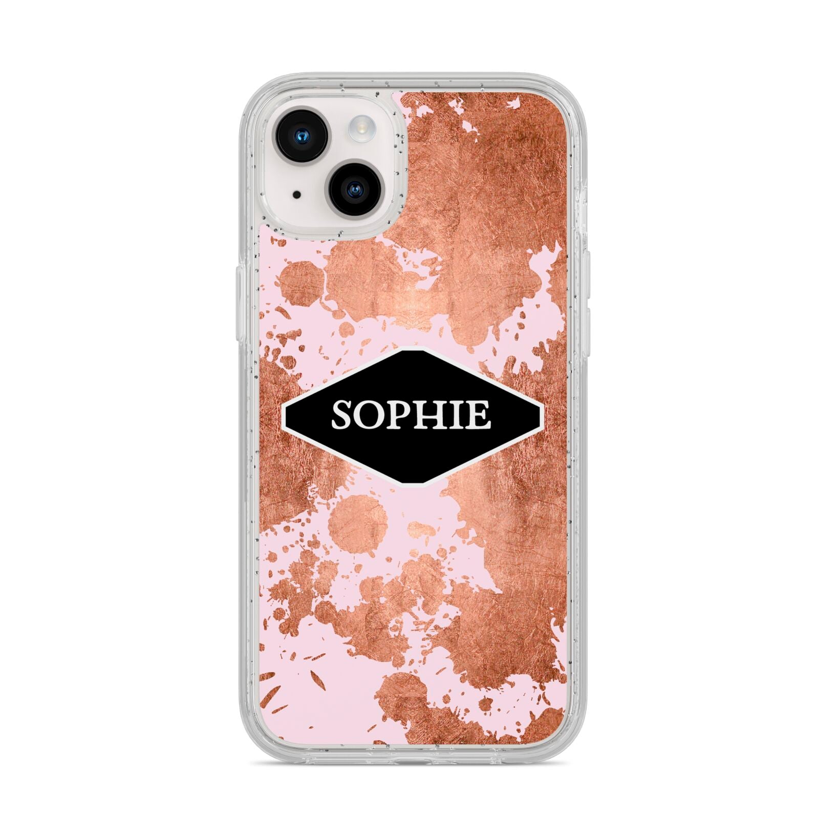 Personalised Pink Copper Splatter Name iPhone 14 Plus Glitter Tough Case Starlight