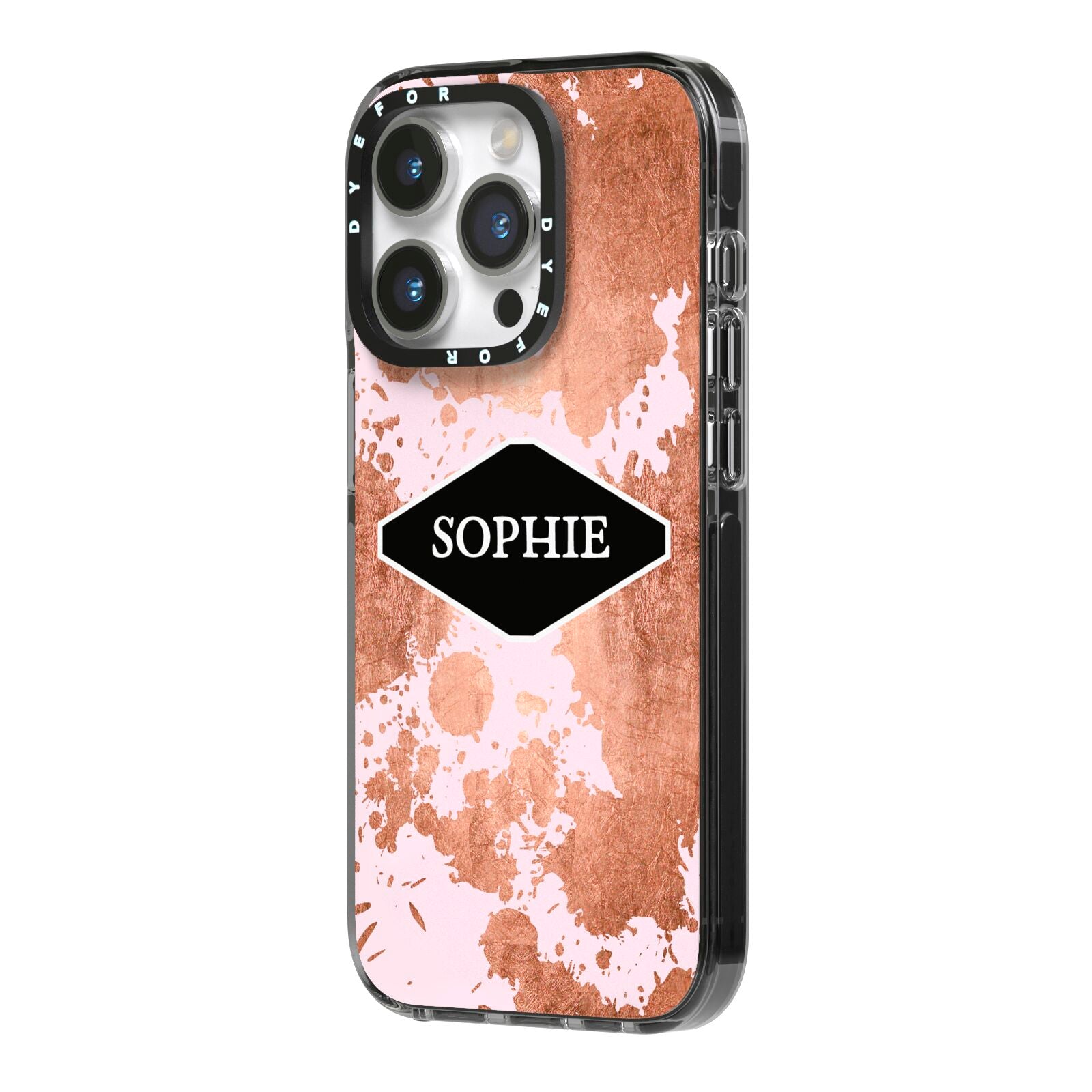 Personalised Pink Copper Splatter Name iPhone 14 Pro Black Impact Case Side Angle on Silver phone