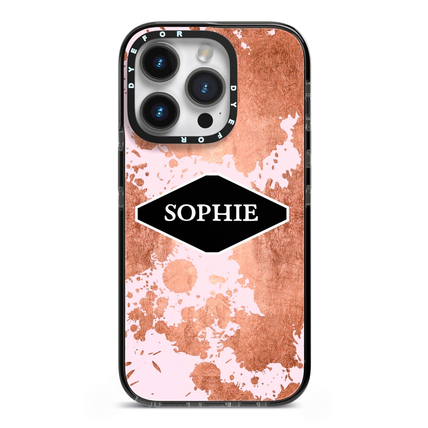 Personalised Pink Copper Splatter Name iPhone 14 Pro Black Impact Case on Silver phone