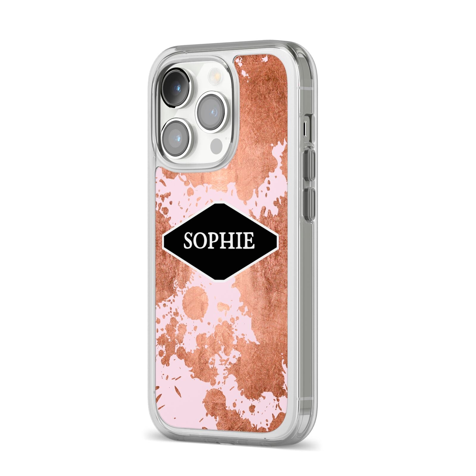 Personalised Pink Copper Splatter Name iPhone 14 Pro Clear Tough Case Silver Angled Image