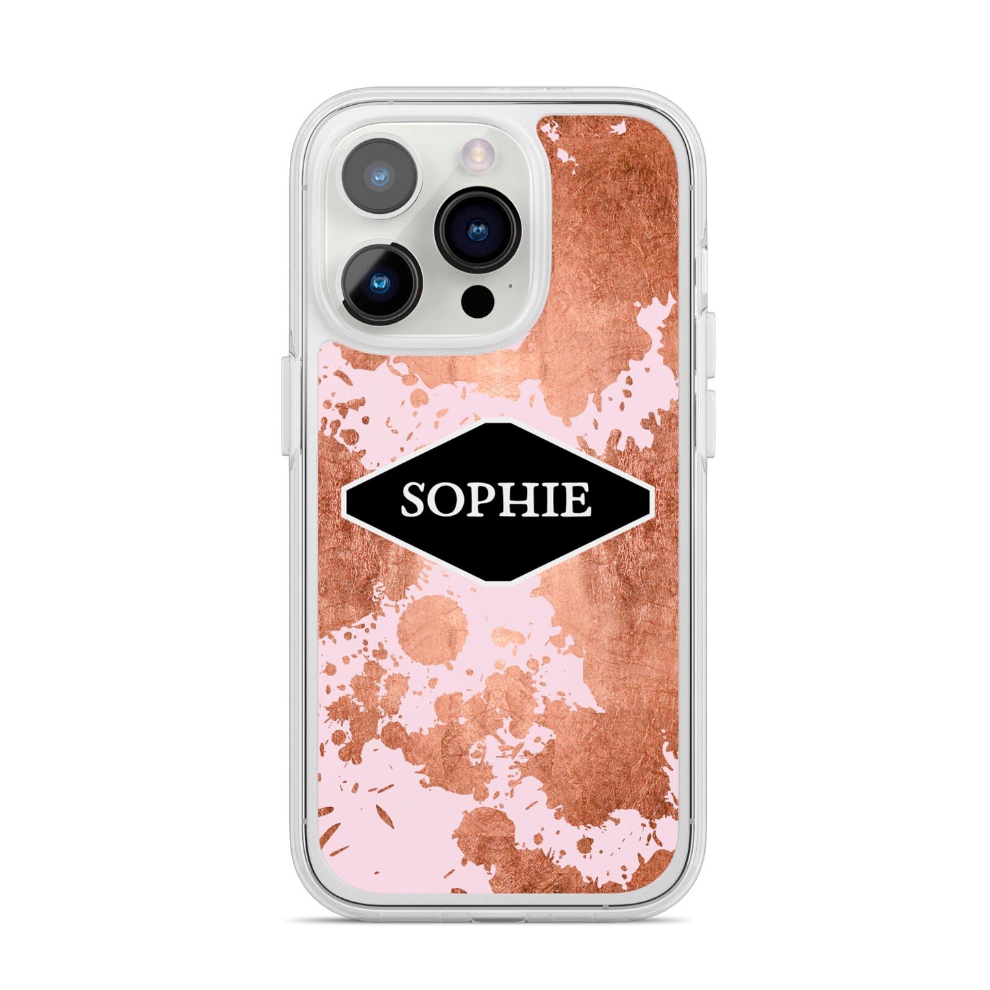 Personalised Pink Copper Splatter Name iPhone 14 Pro Clear Tough Case Silver