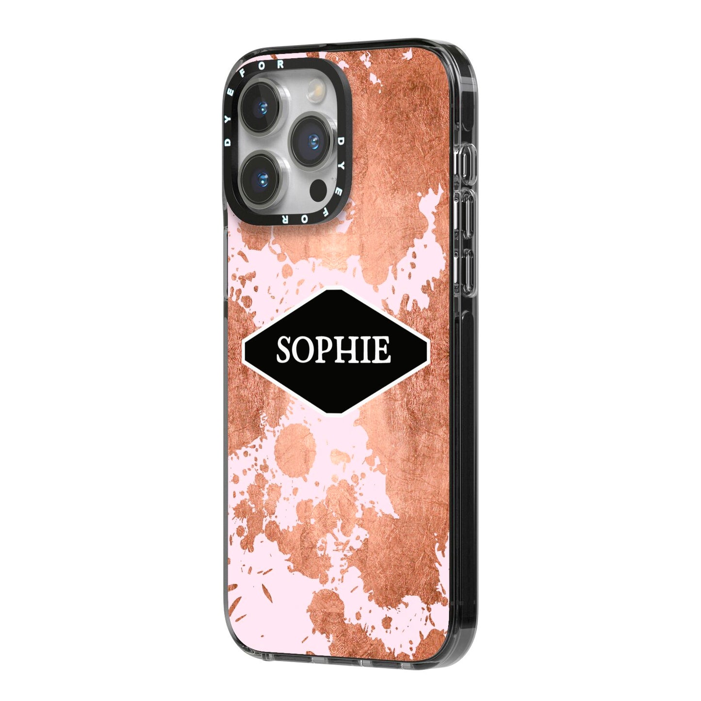 Personalised Pink Copper Splatter Name iPhone 14 Pro Max Black Impact Case Side Angle on Silver phone