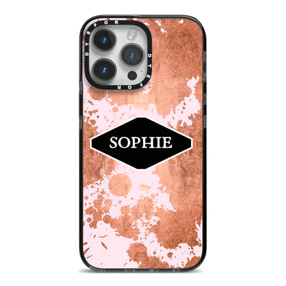 Personalised Pink Copper Splatter Name iPhone 14 Pro Max Black Impact Case on Silver phone