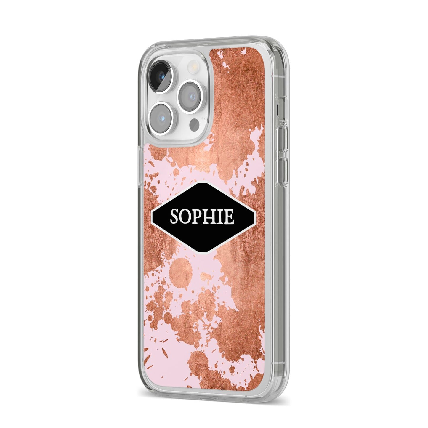 Personalised Pink Copper Splatter Name iPhone 14 Pro Max Clear Tough Case Silver Angled Image