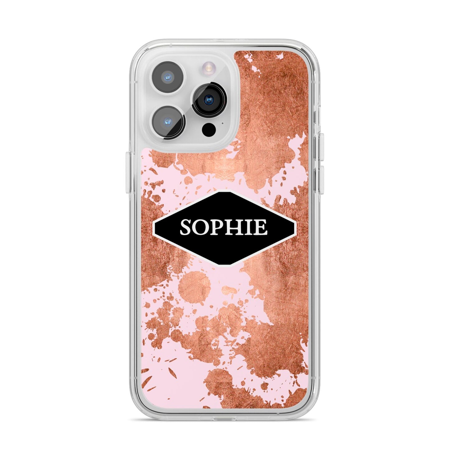 Personalised Pink Copper Splatter Name iPhone 14 Pro Max Clear Tough Case Silver