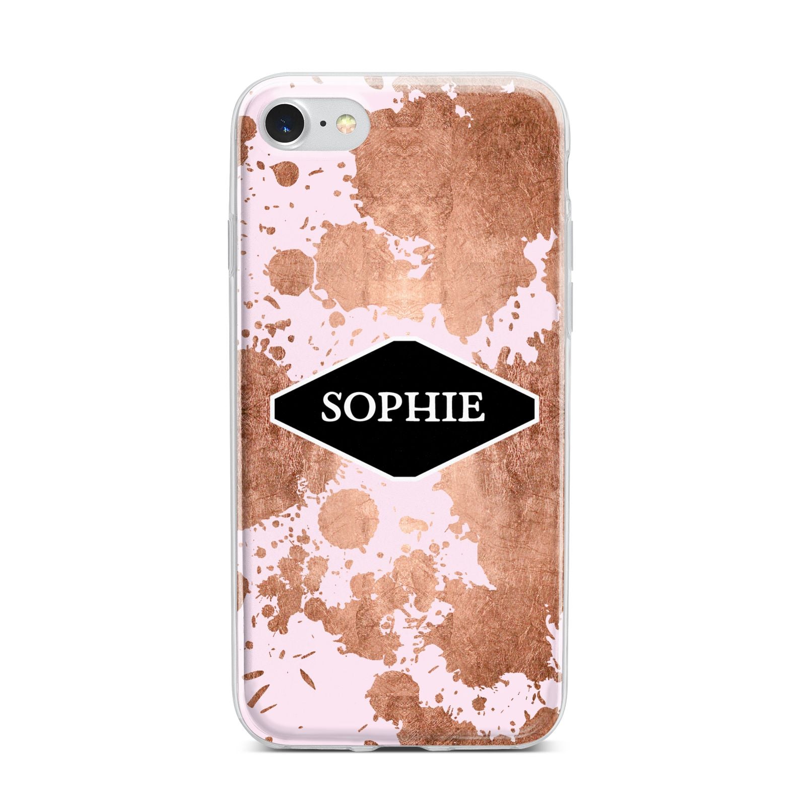 Personalised Pink Copper Splatter Name iPhone 7 Bumper Case on Silver iPhone