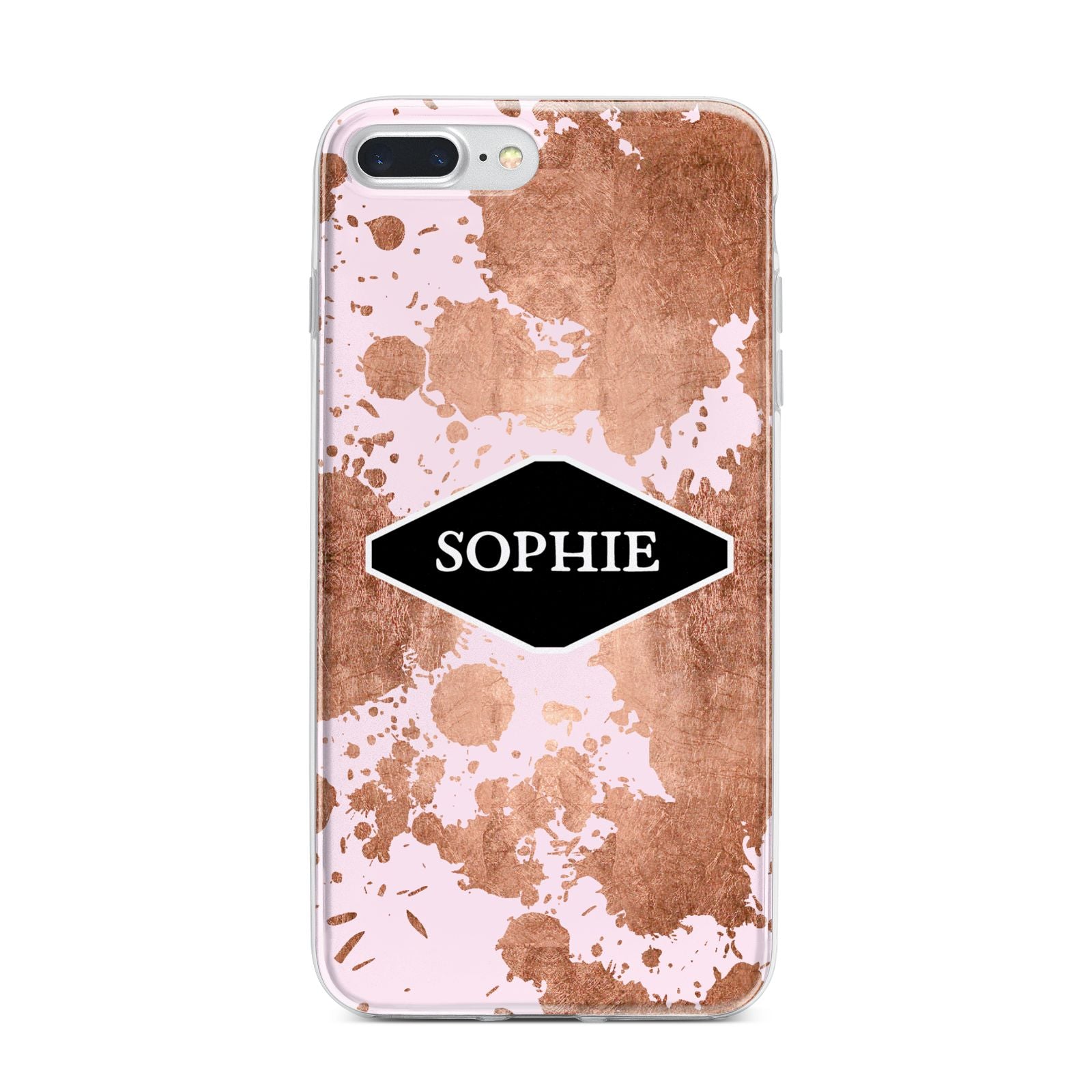 Personalised Pink Copper Splatter Name iPhone 7 Plus Bumper Case on Silver iPhone