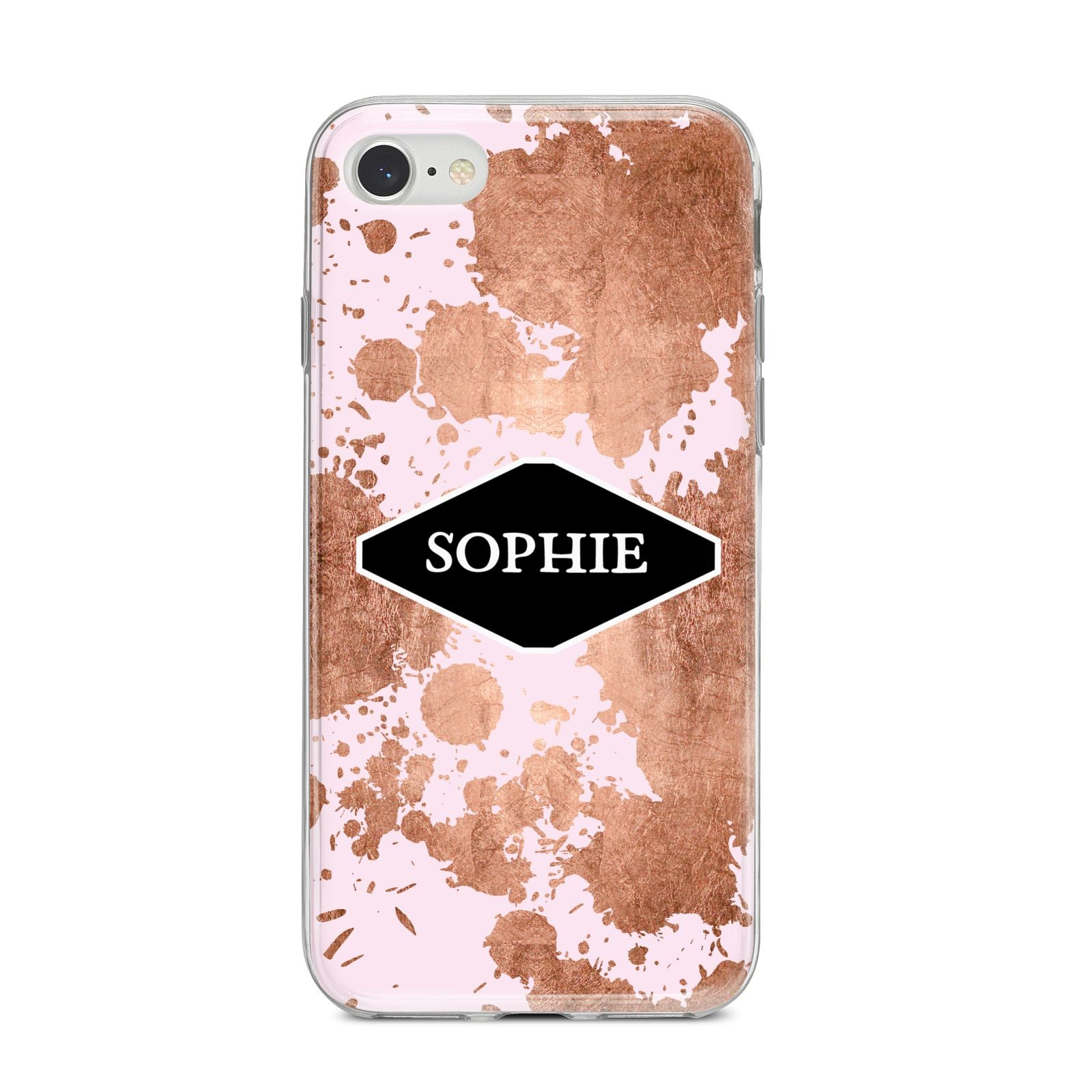 Personalised Pink Copper Splatter Name iPhone 8 Bumper Case on Silver iPhone