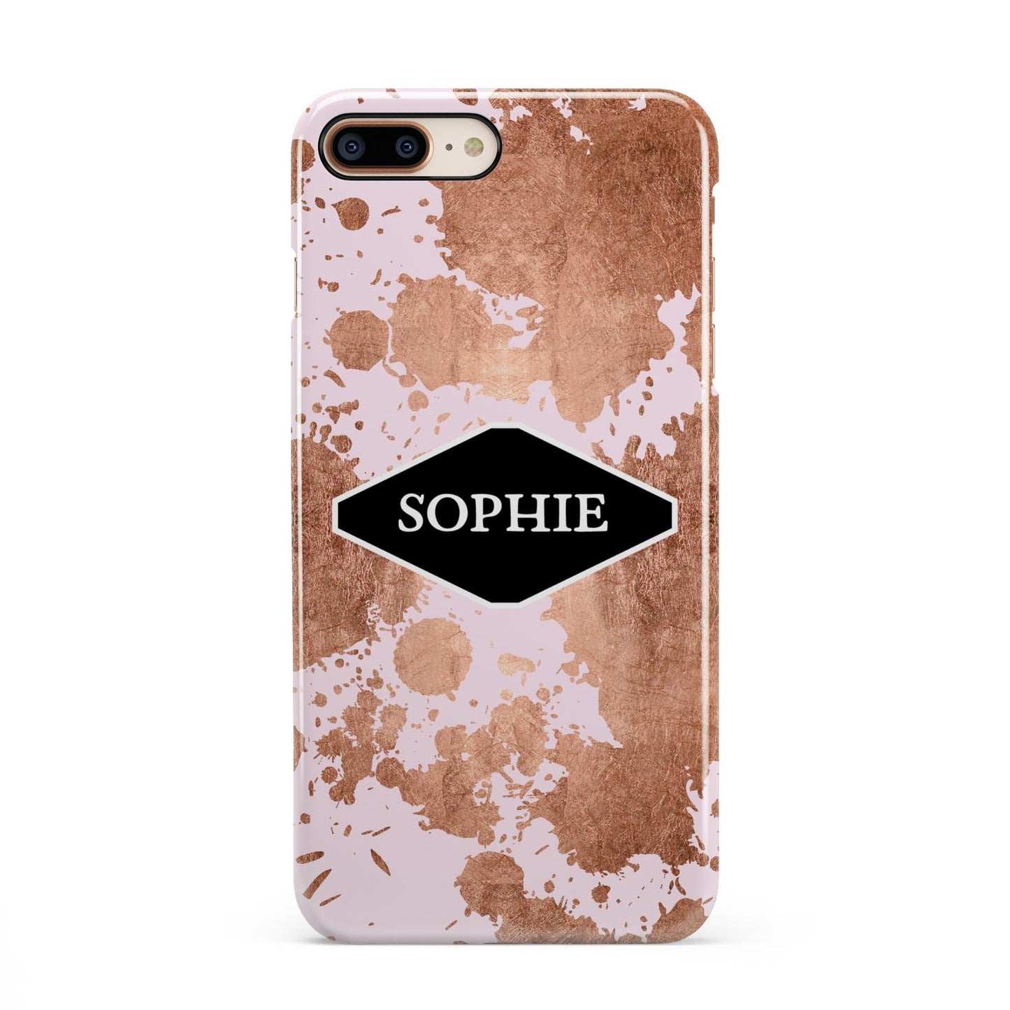 Personalised Pink Copper Splatter Name iPhone 8 Plus 3D Snap Case on Gold Phone