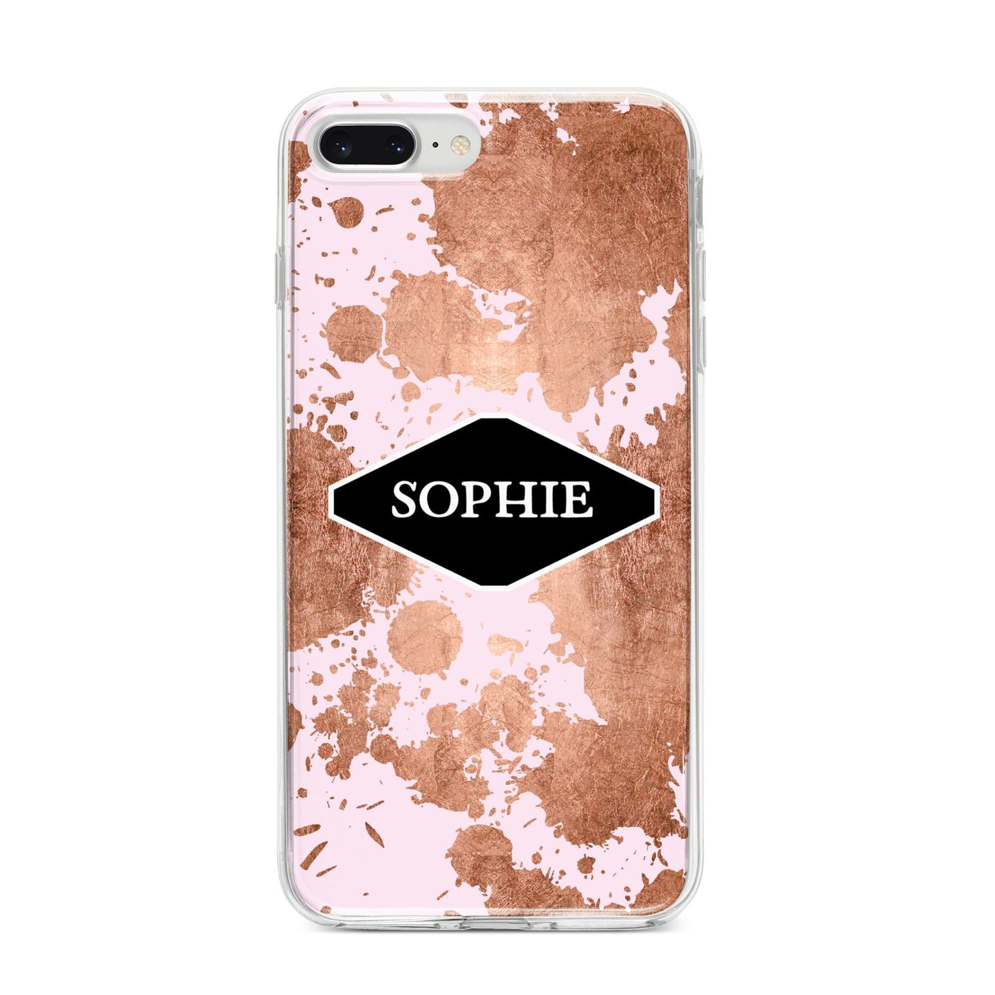 Personalised Pink Copper Splatter Name iPhone 8 Plus Bumper Case on Silver iPhone