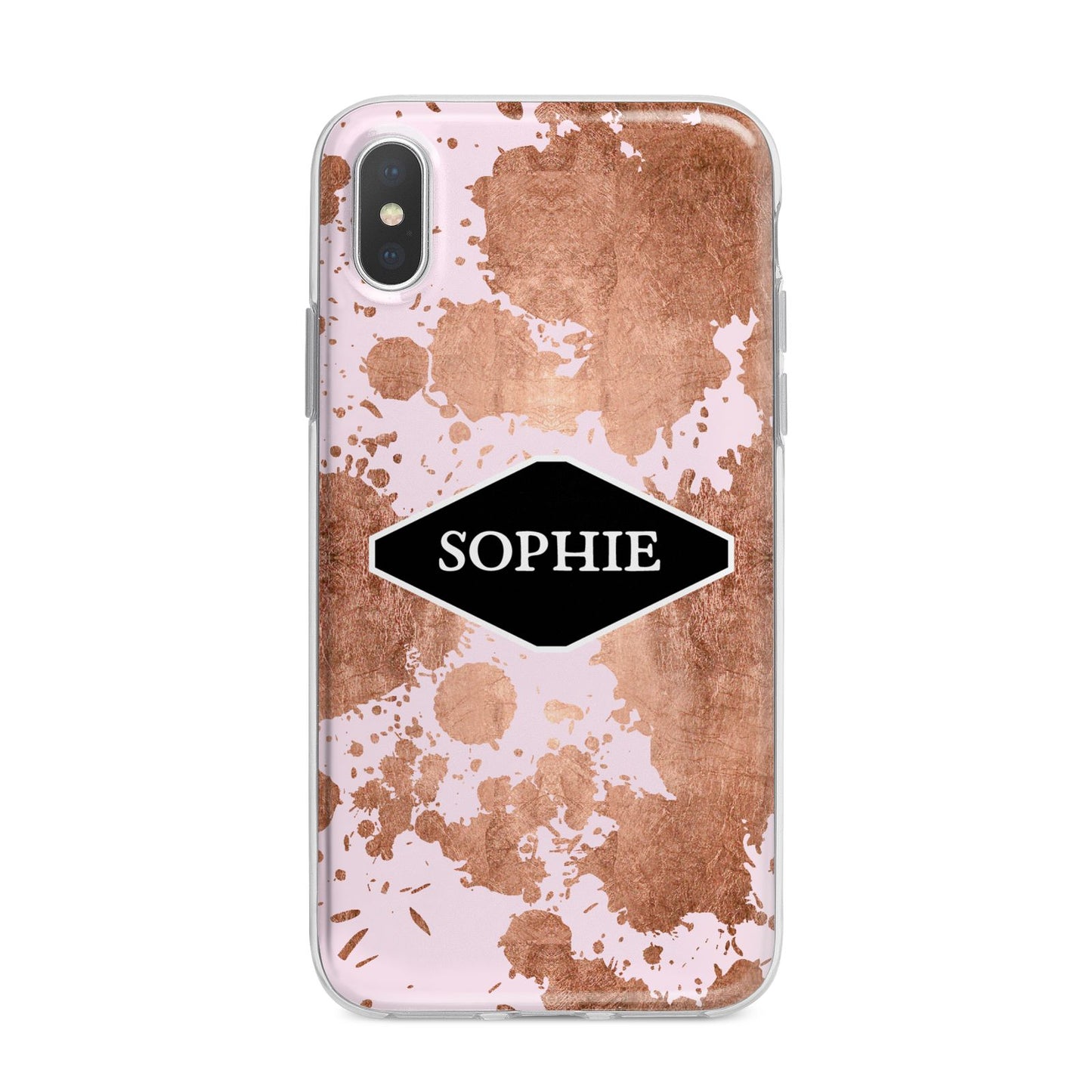 Personalised Pink Copper Splatter Name iPhone X Bumper Case on Silver iPhone Alternative Image 1