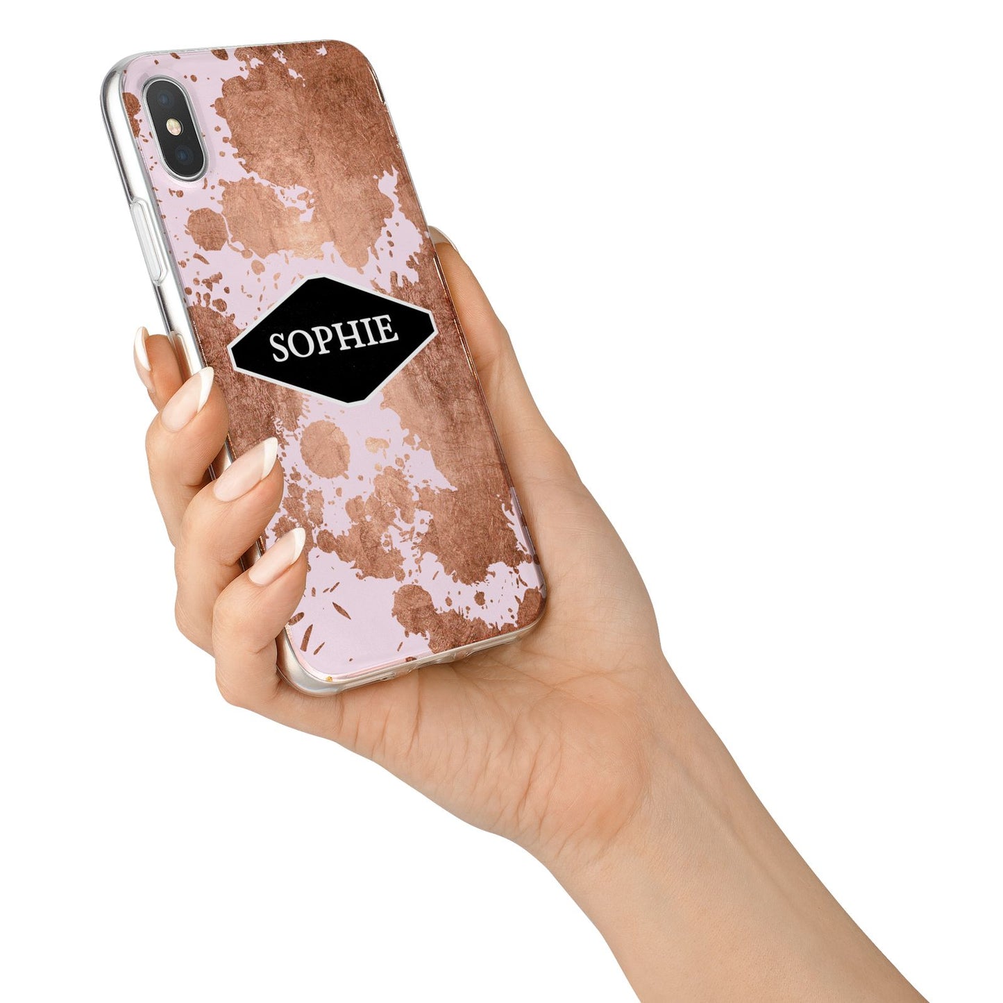 Personalised Pink Copper Splatter Name iPhone X Bumper Case on Silver iPhone Alternative Image 2