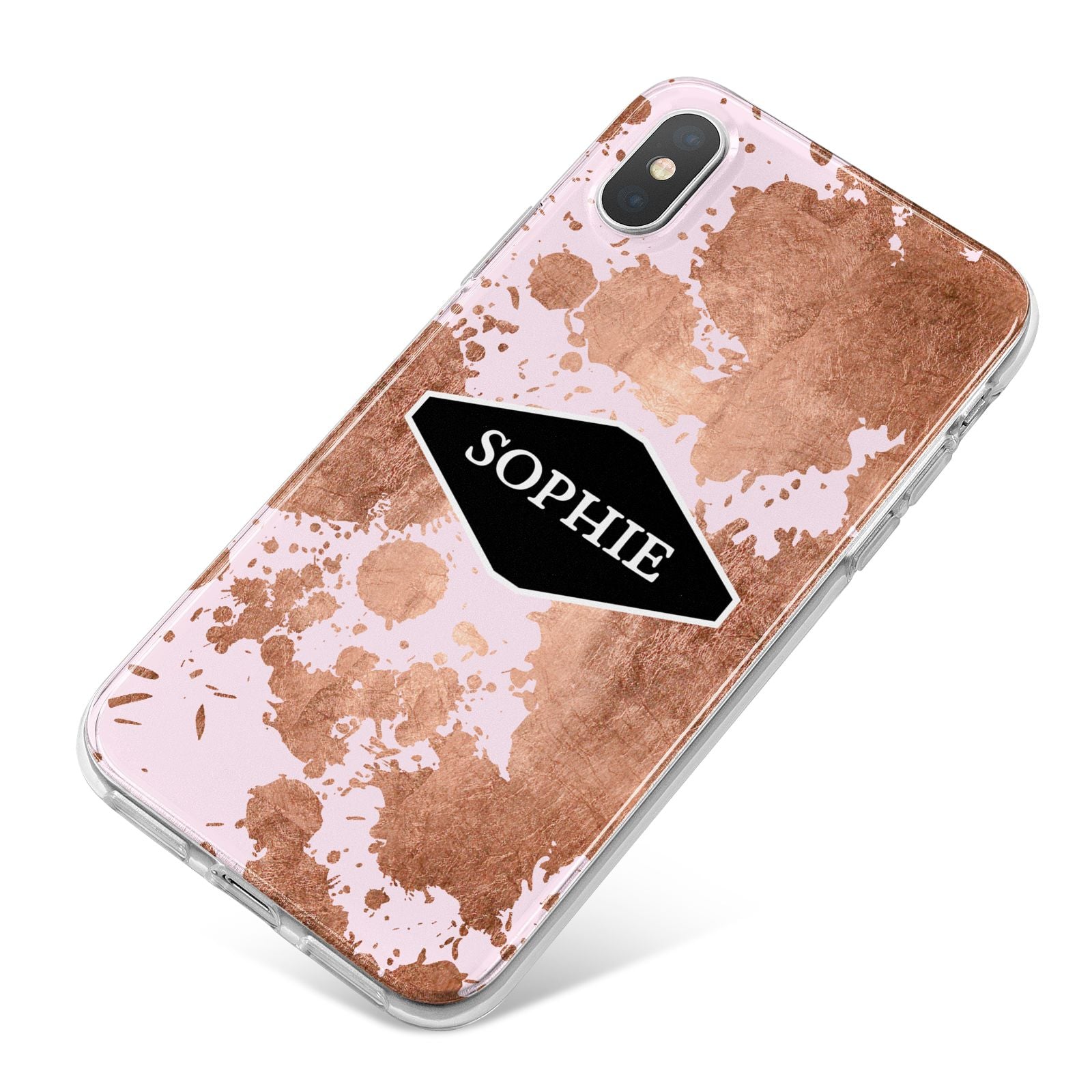 Personalised Pink Copper Splatter Name iPhone X Bumper Case on Silver iPhone