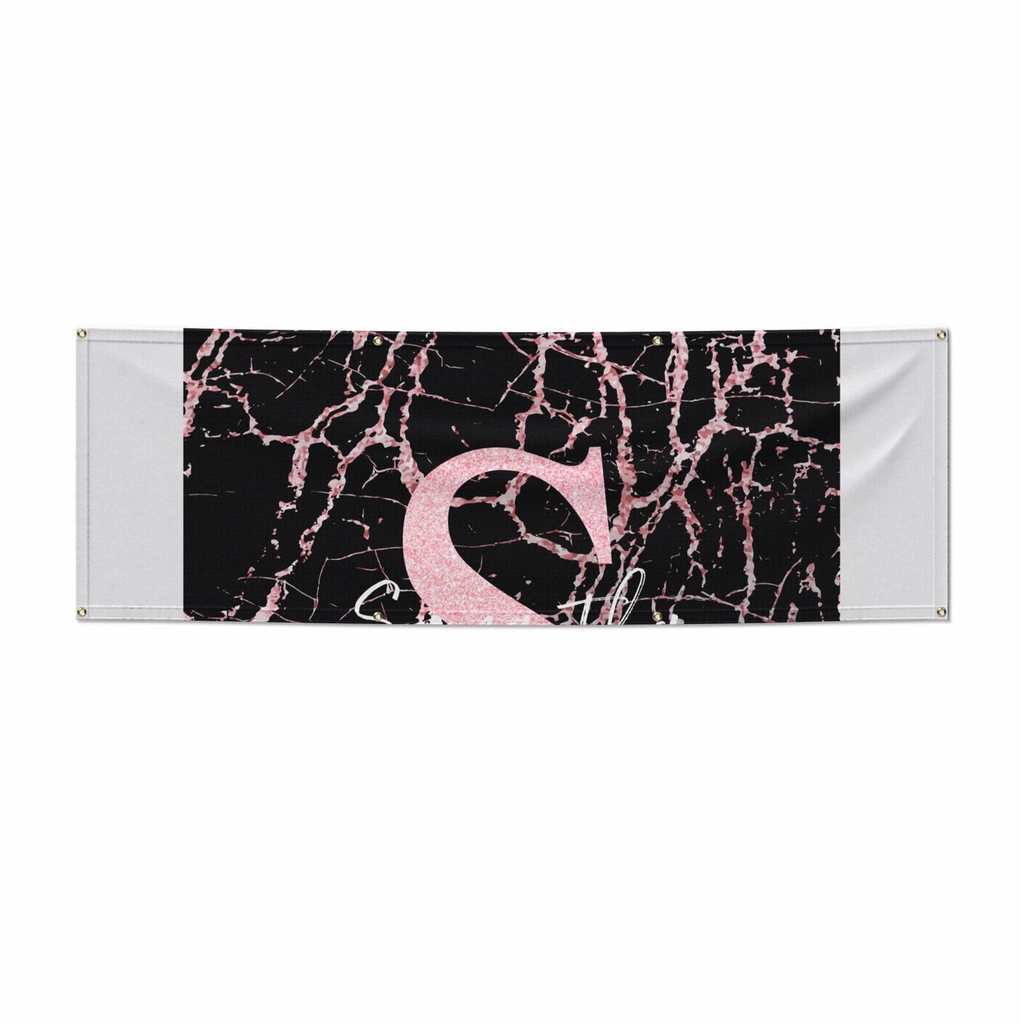 Personalised Pink Cracked Marble Glitter Initial 6x2 Vinly Banner with Grommets