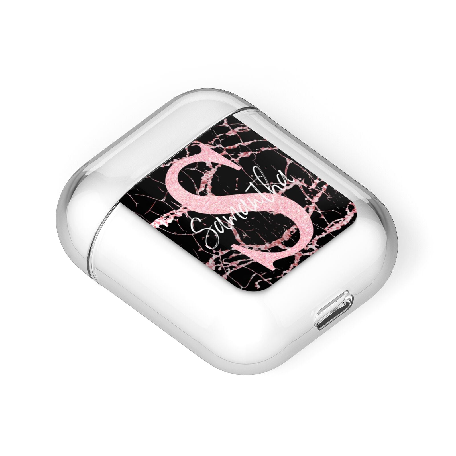 Personalised Pink Cracked Marble Glitter Initial AirPods Case Laid Flat