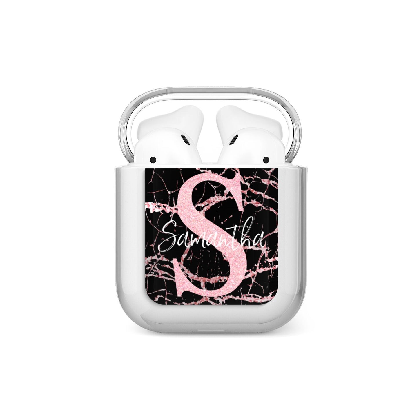 Personalised Pink Cracked Marble Glitter Initial AirPods Case