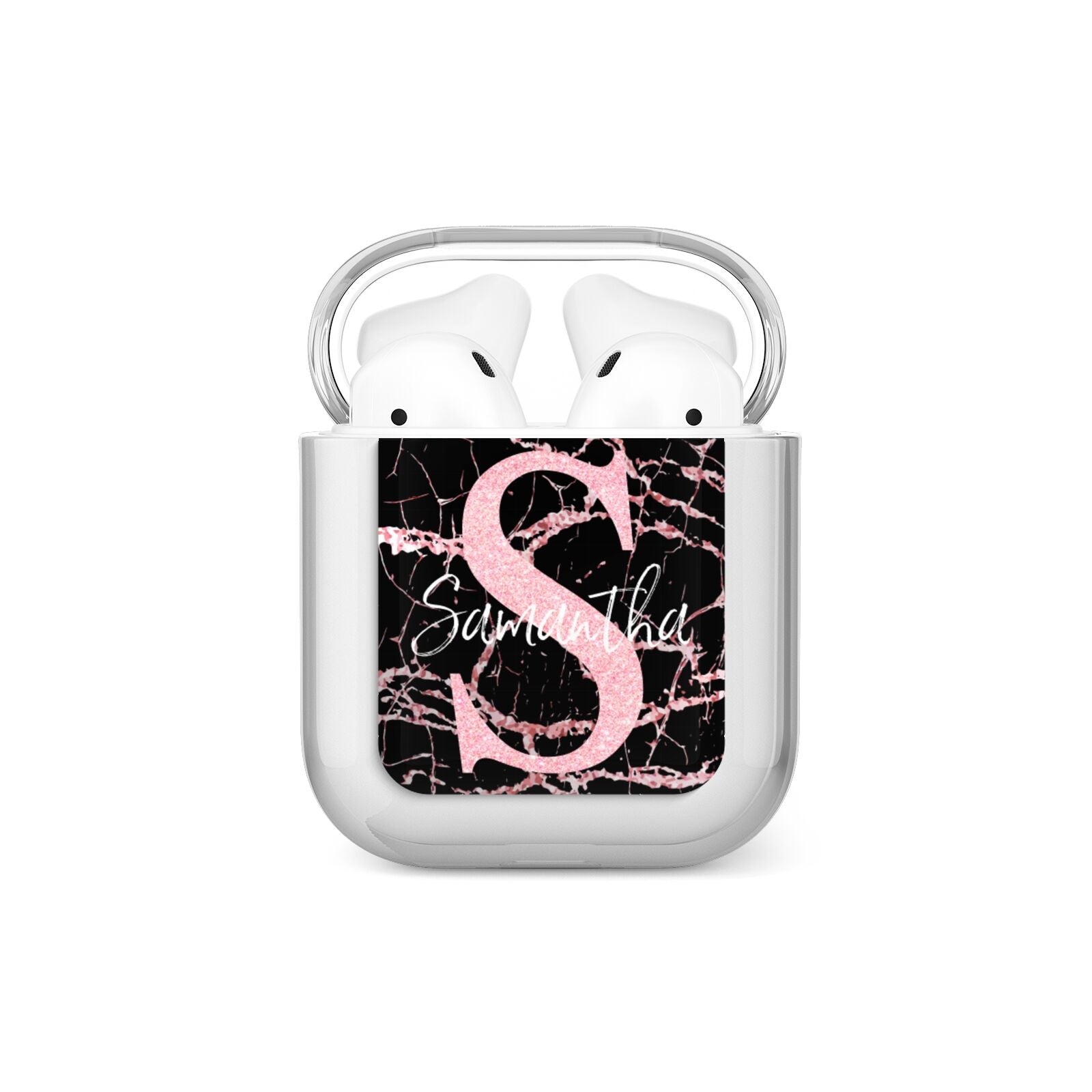 Personalised Pink Cracked Marble Glitter Initial AirPods Case