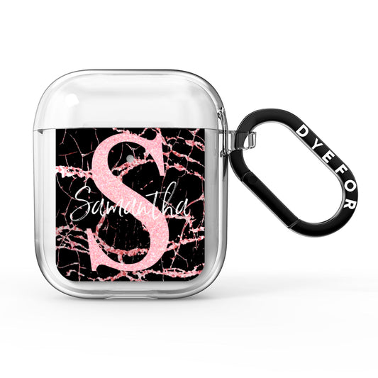 Personalised Pink Cracked Marble Glitter Initial AirPods Clear Case