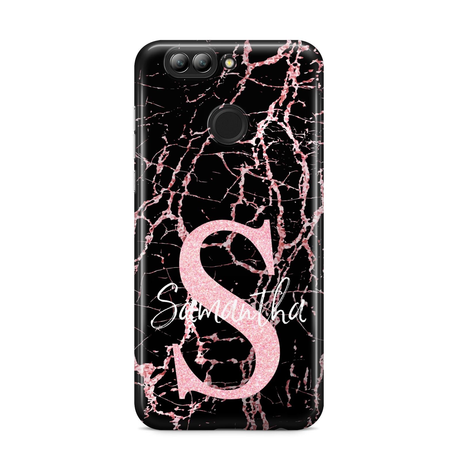 Personalised Pink Cracked Marble Glitter Initial Huawei Nova 2s Phone Case