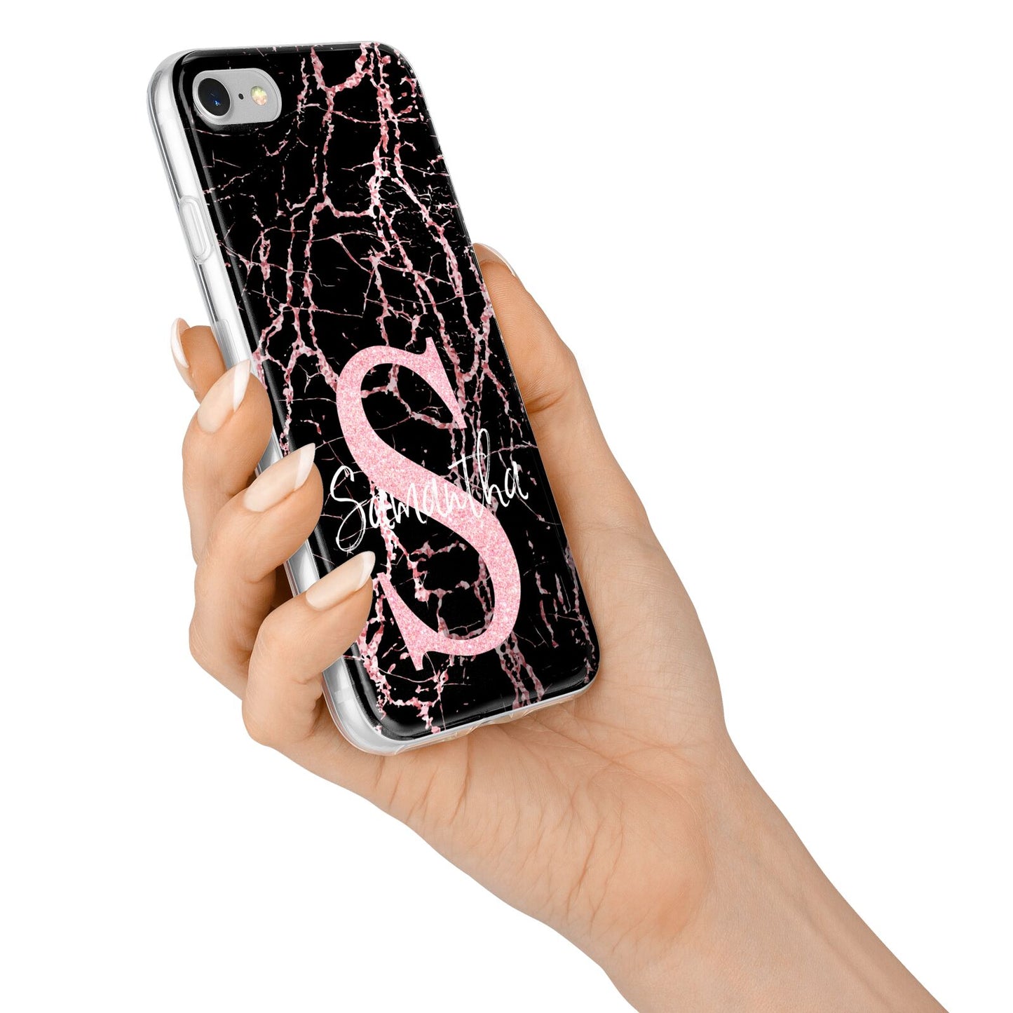 Personalised Pink Cracked Marble Glitter Initial iPhone 7 Bumper Case on Silver iPhone Alternative Image