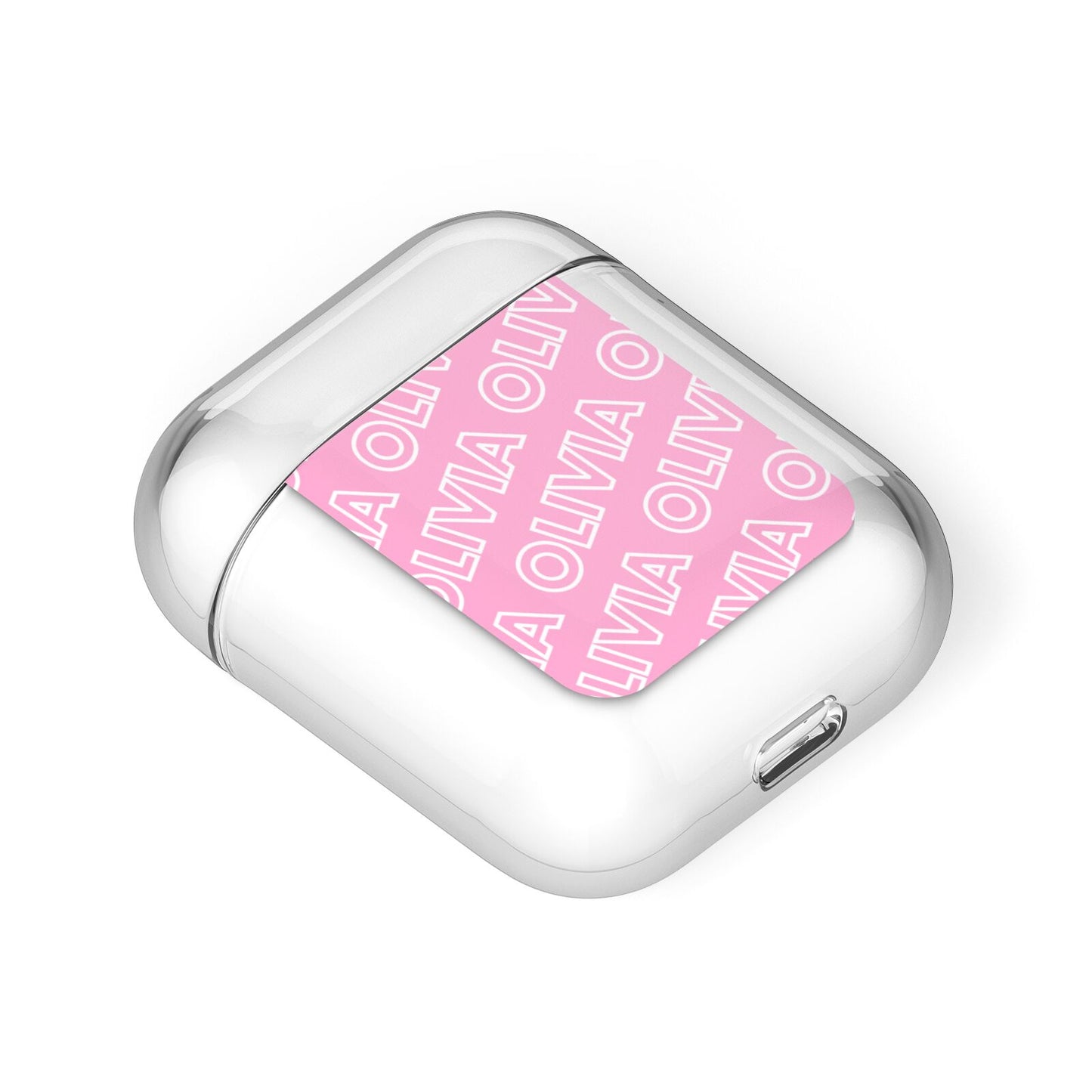 Personalised Pink Diagonal Name AirPods Case Laid Flat