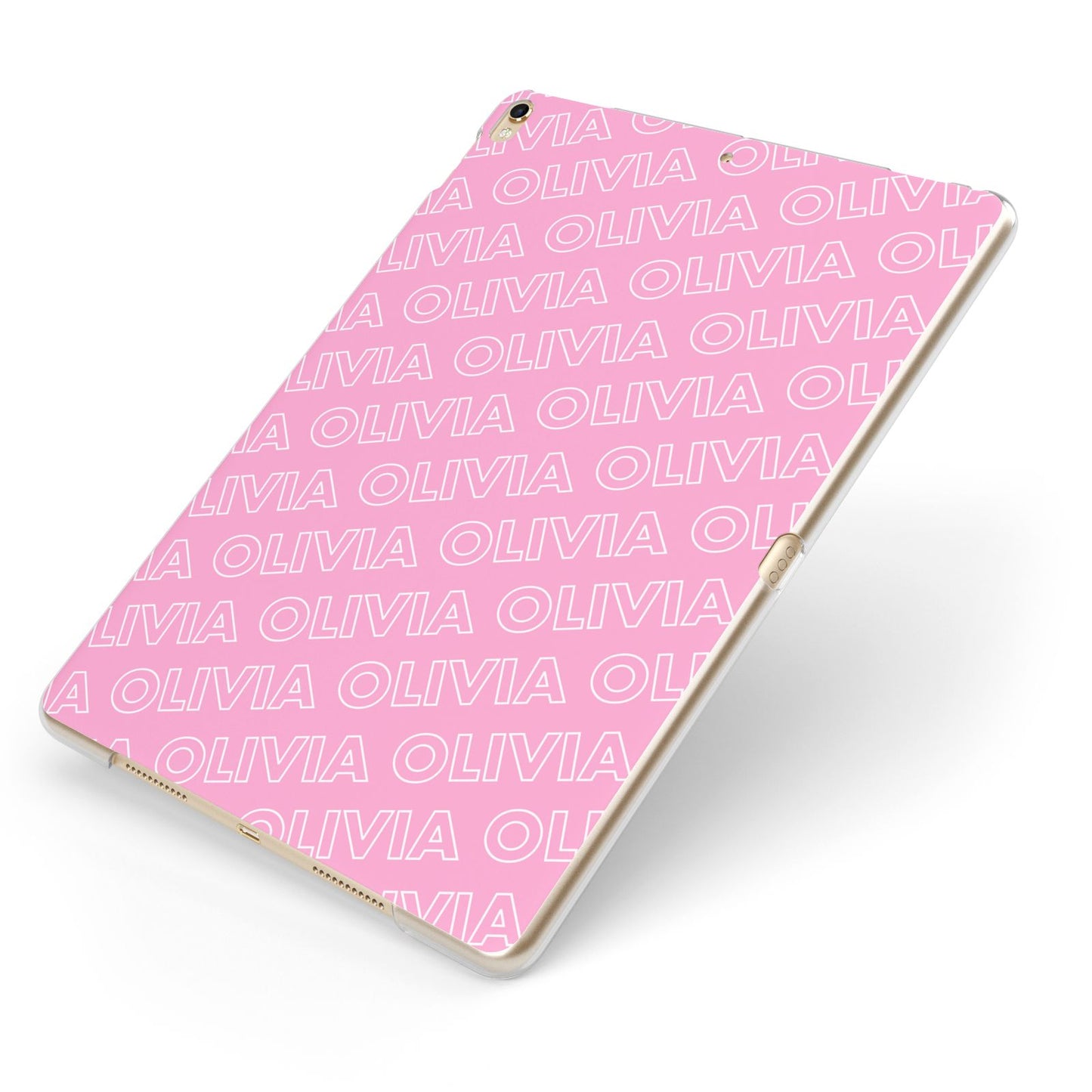 Personalised Pink Diagonal Name Apple iPad Case on Gold iPad Side View