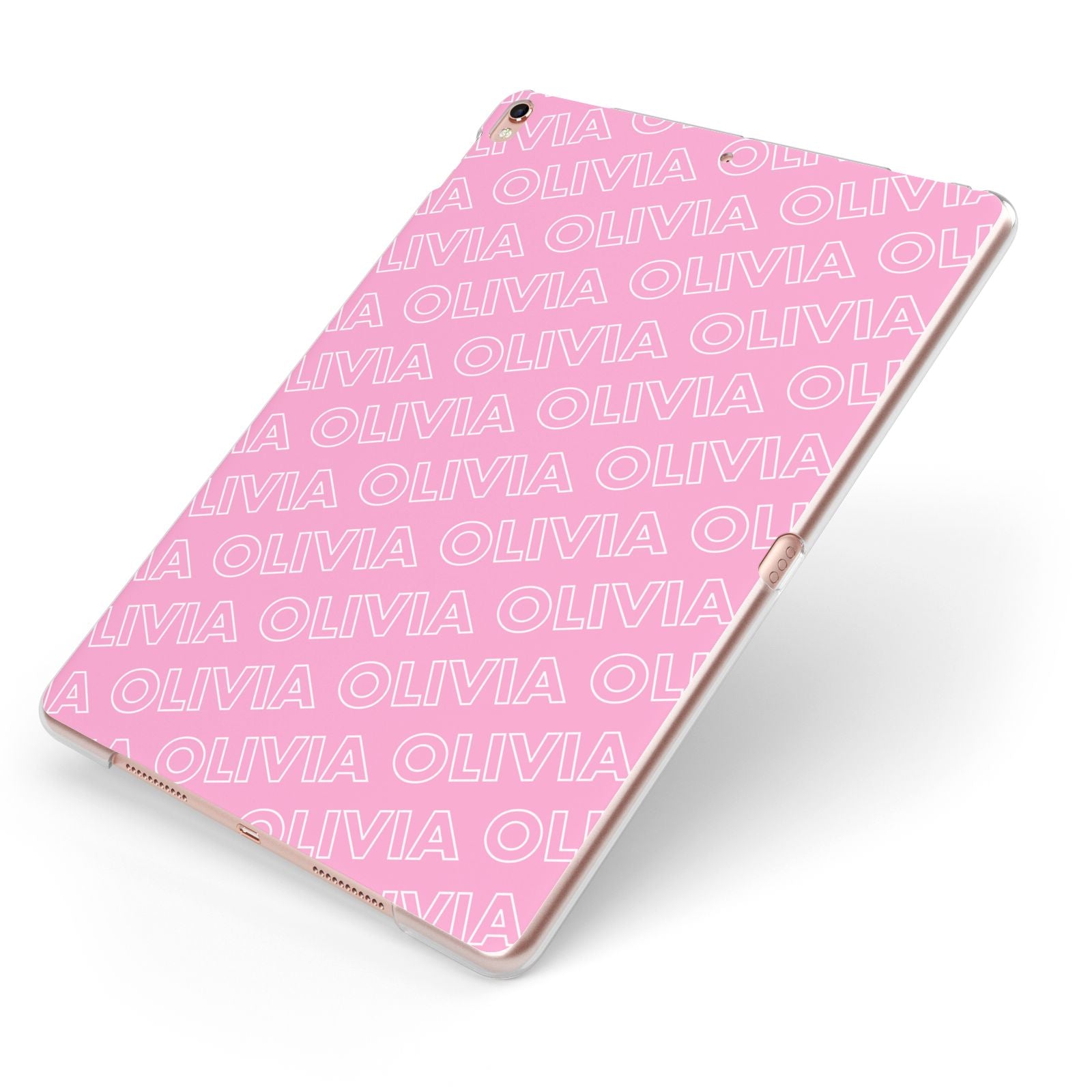 Personalised Pink Diagonal Name Apple iPad Case on Rose Gold iPad Side View