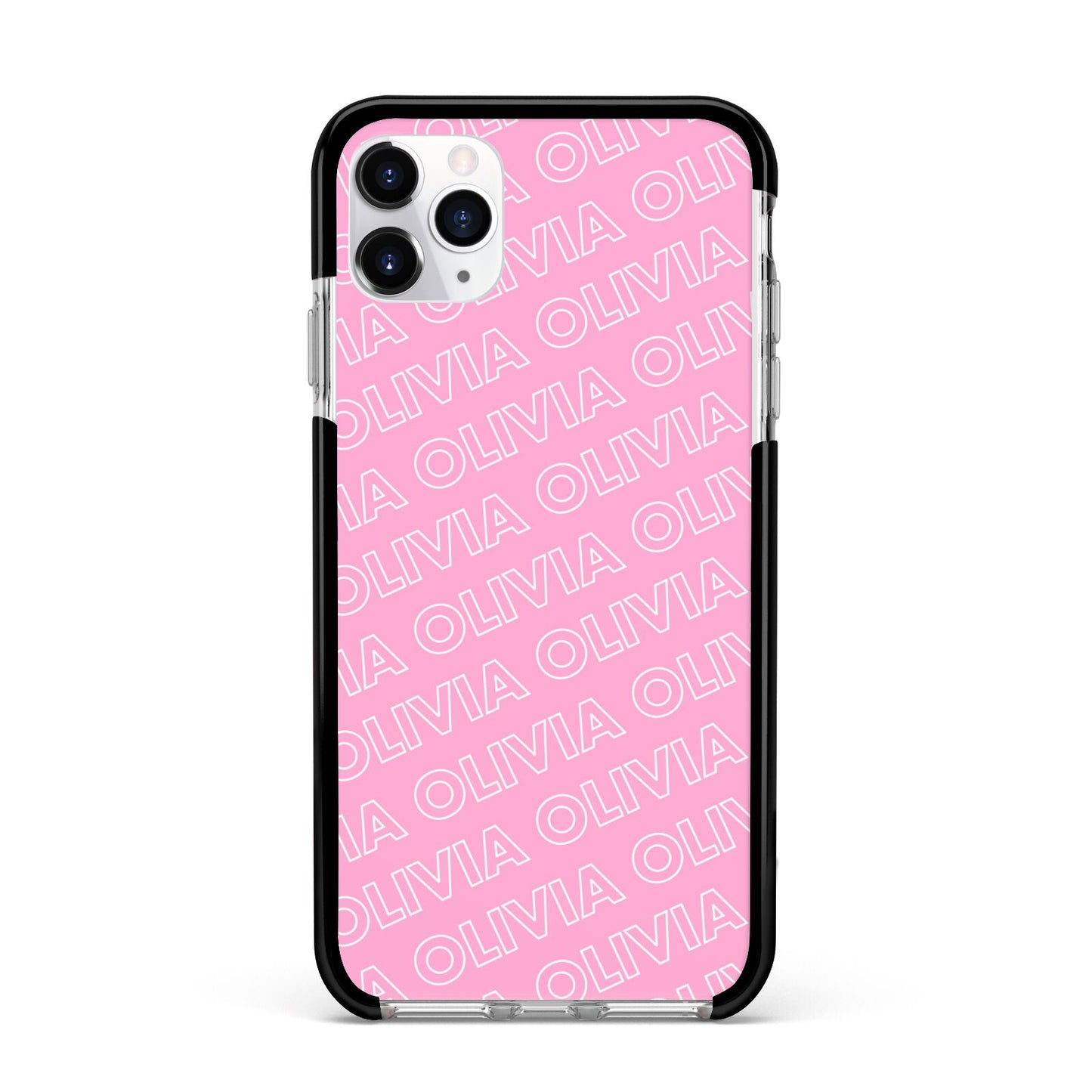 Personalised Pink Diagonal Name Apple iPhone 11 Pro Max in Silver with Black Impact Case