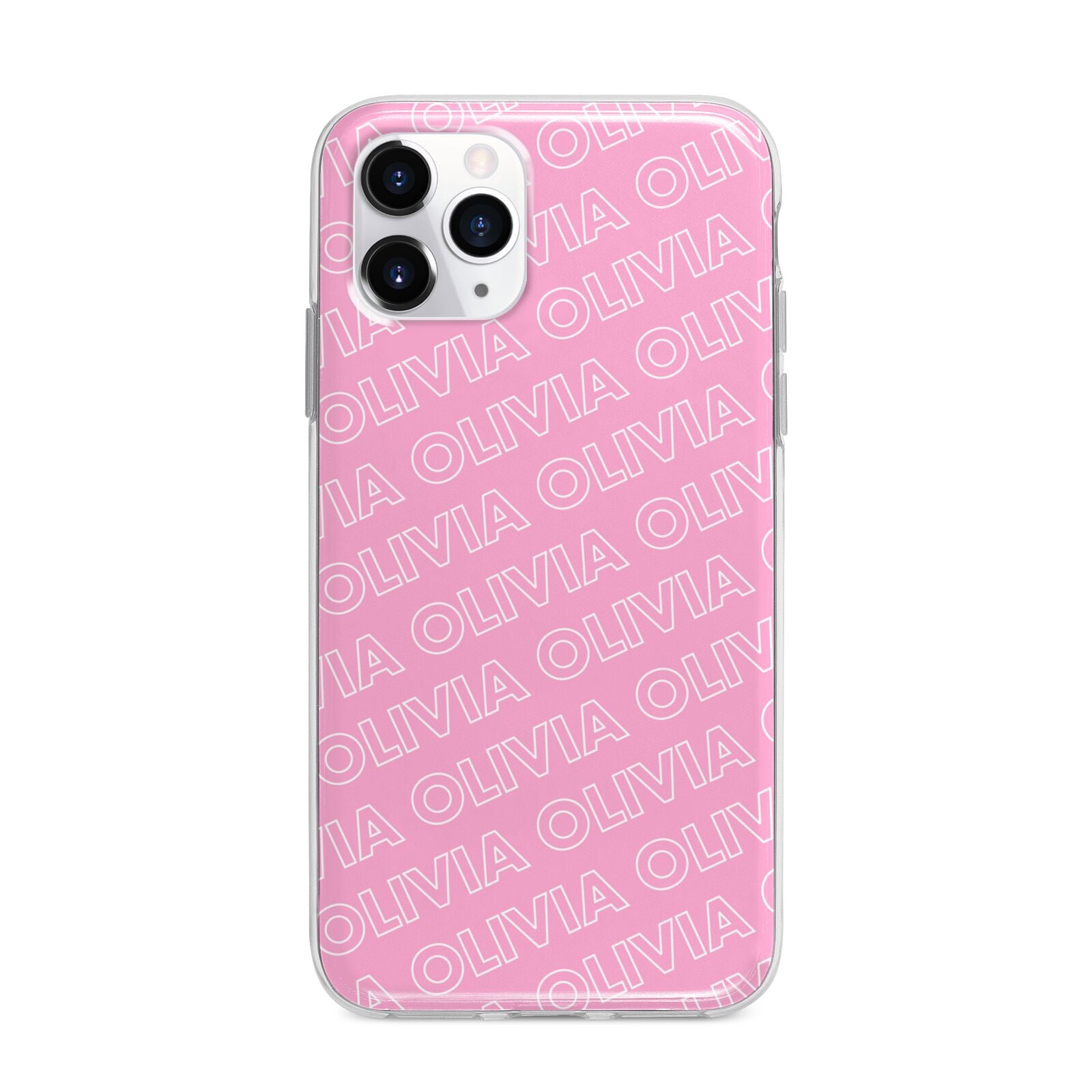 Personalised Pink Diagonal Name Apple iPhone 11 Pro Max in Silver with Bumper Case