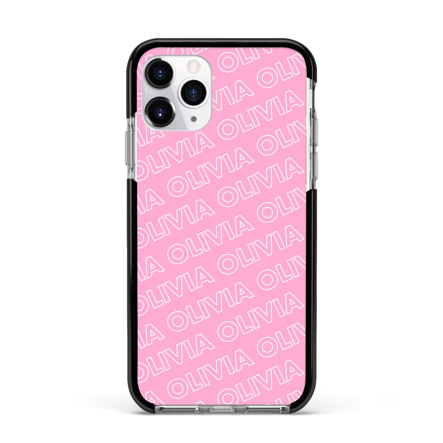 Personalised Pink Diagonal Name Apple iPhone 11 Pro in Silver with Black Impact Case