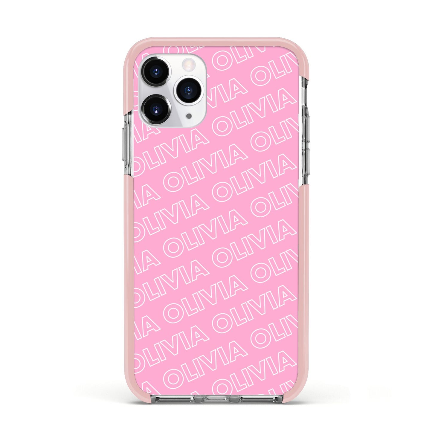 Personalised Pink Diagonal Name Apple iPhone 11 Pro in Silver with Pink Impact Case