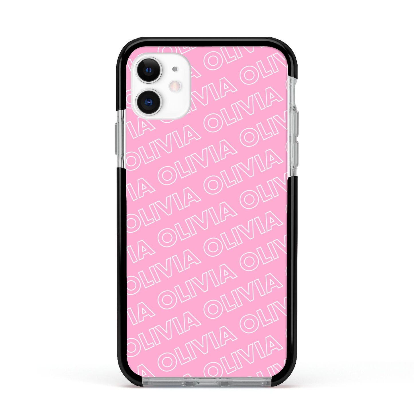 Personalised Pink Diagonal Name Apple iPhone 11 in White with Black Impact Case