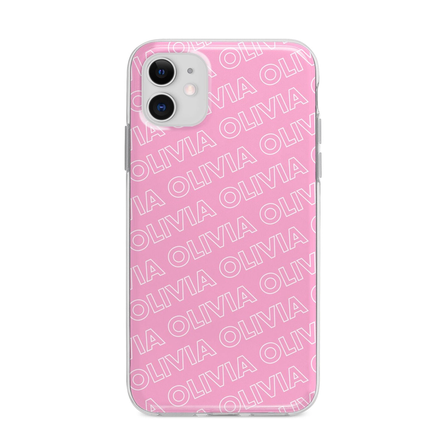 Personalised Pink Diagonal Name Apple iPhone 11 in White with Bumper Case