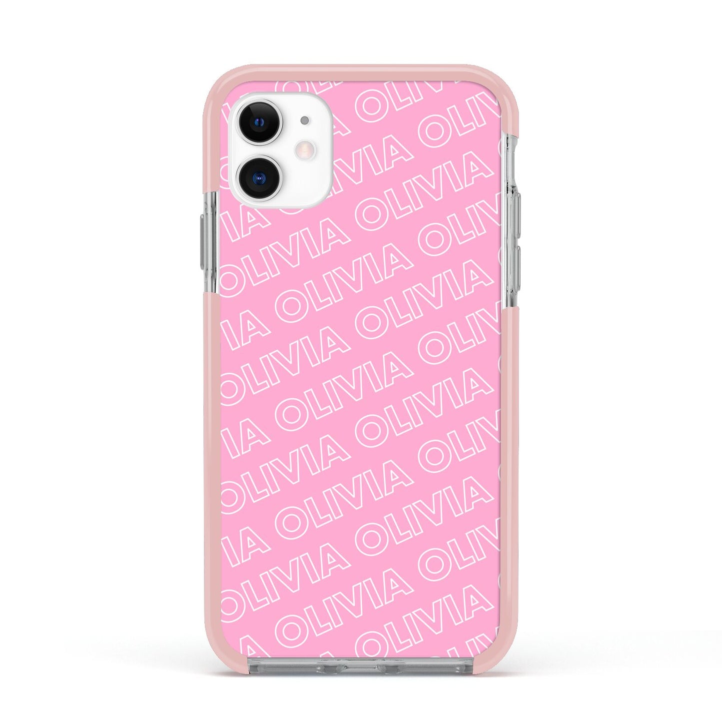 Personalised Pink Diagonal Name Apple iPhone 11 in White with Pink Impact Case