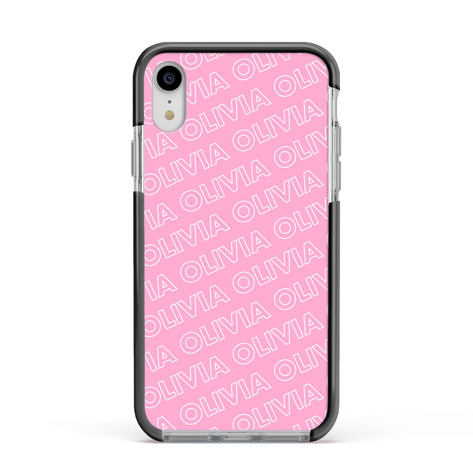 Personalised Pink Diagonal Name Apple iPhone XR Impact Case Black Edge on Silver Phone