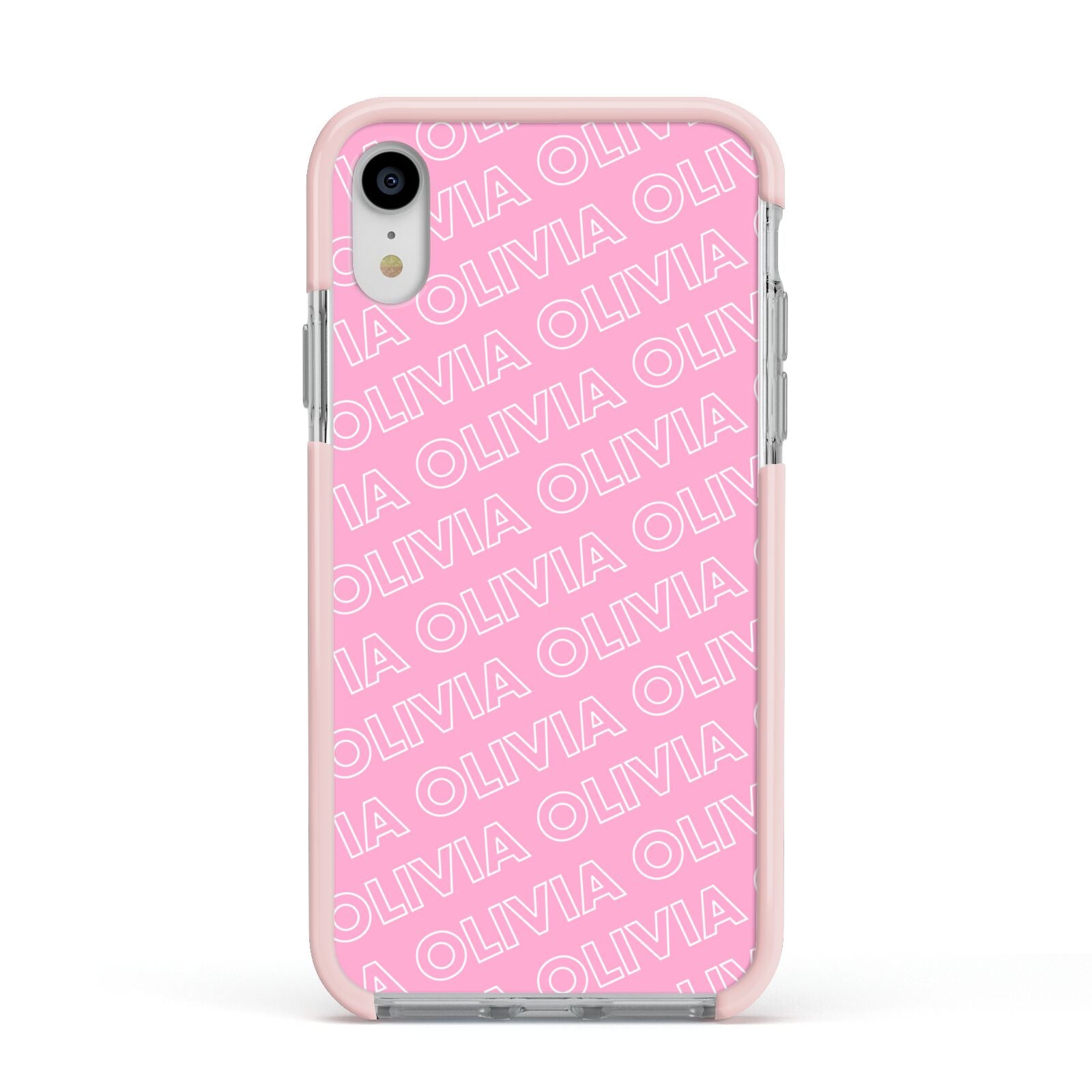 Personalised Pink Diagonal Name Apple iPhone XR Impact Case Pink Edge on Silver Phone