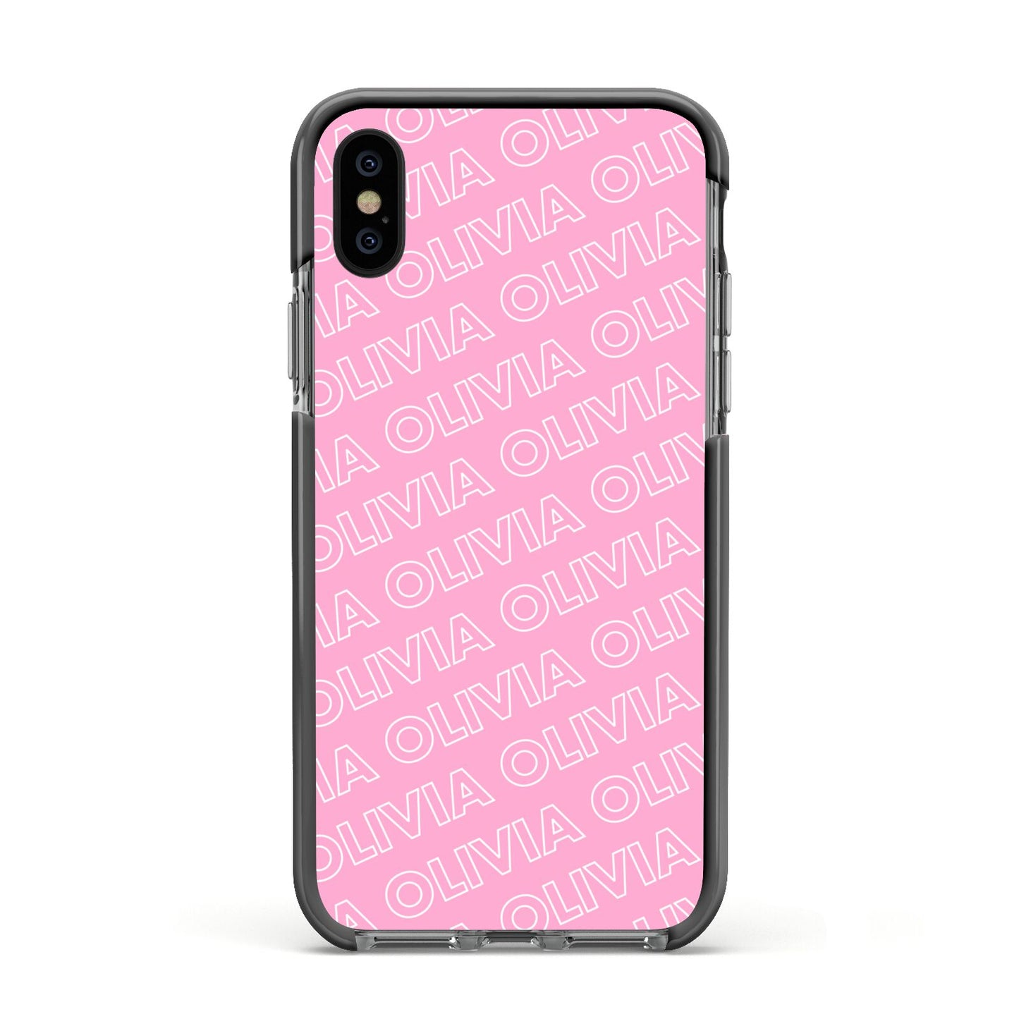 Personalised Pink Diagonal Name Apple iPhone Xs Impact Case Black Edge on Black Phone