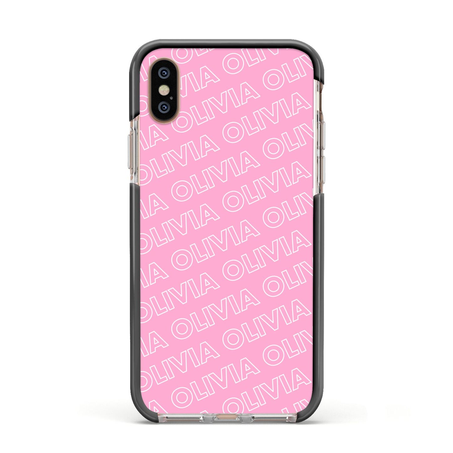 Personalised Pink Diagonal Name Apple iPhone Xs Impact Case Black Edge on Gold Phone