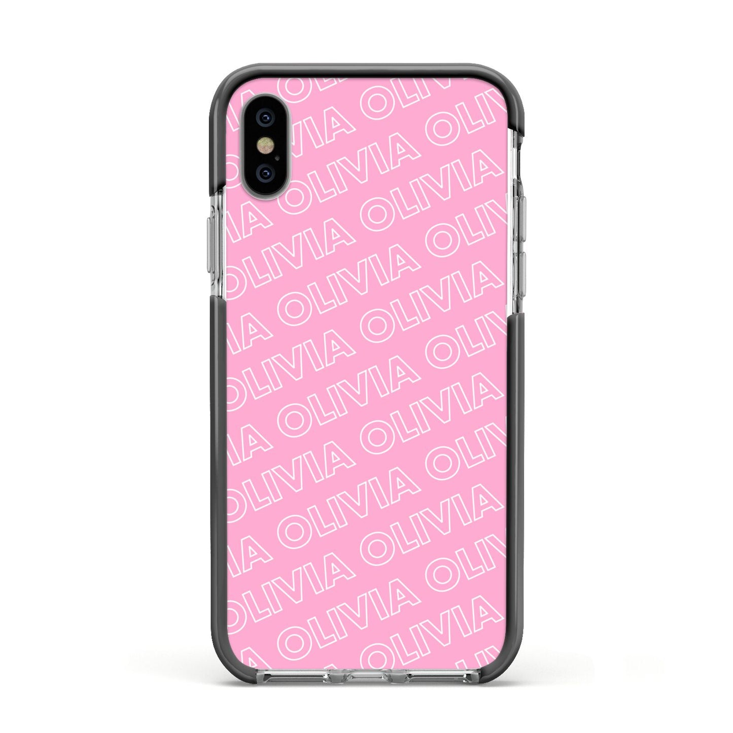 Personalised Pink Diagonal Name Apple iPhone Xs Impact Case Black Edge on Silver Phone