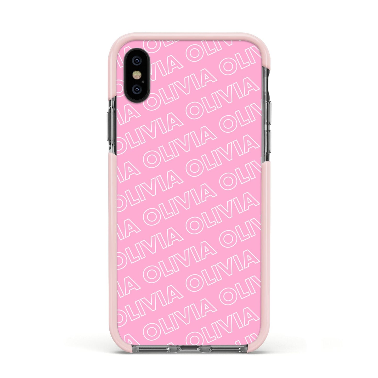 Personalised Pink Diagonal Name Apple iPhone Xs Impact Case Pink Edge on Black Phone