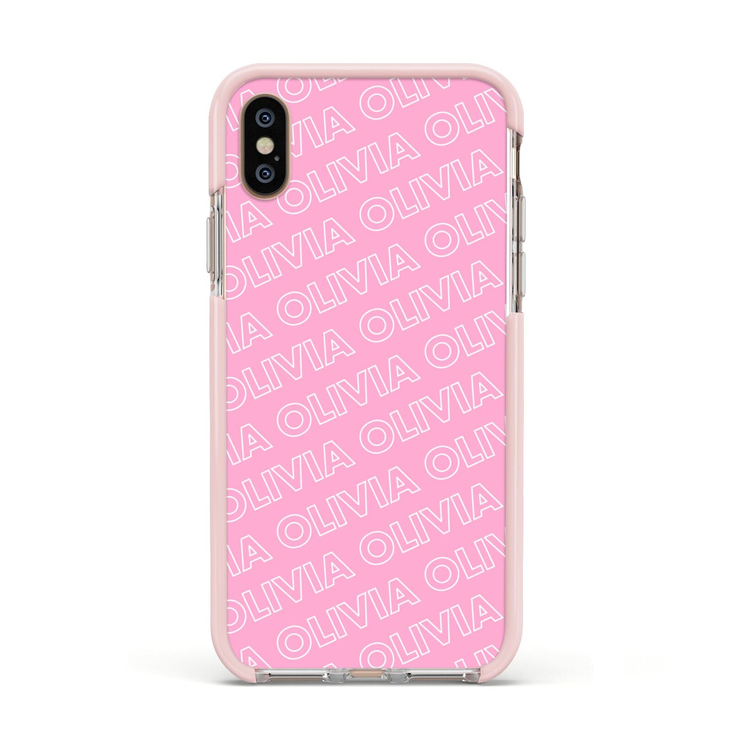 Personalised Pink Diagonal Name Apple iPhone Xs Impact Case Pink Edge on Gold Phone