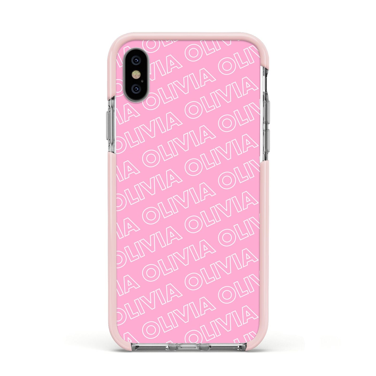 Personalised Pink Diagonal Name Apple iPhone Xs Impact Case Pink Edge on Silver Phone