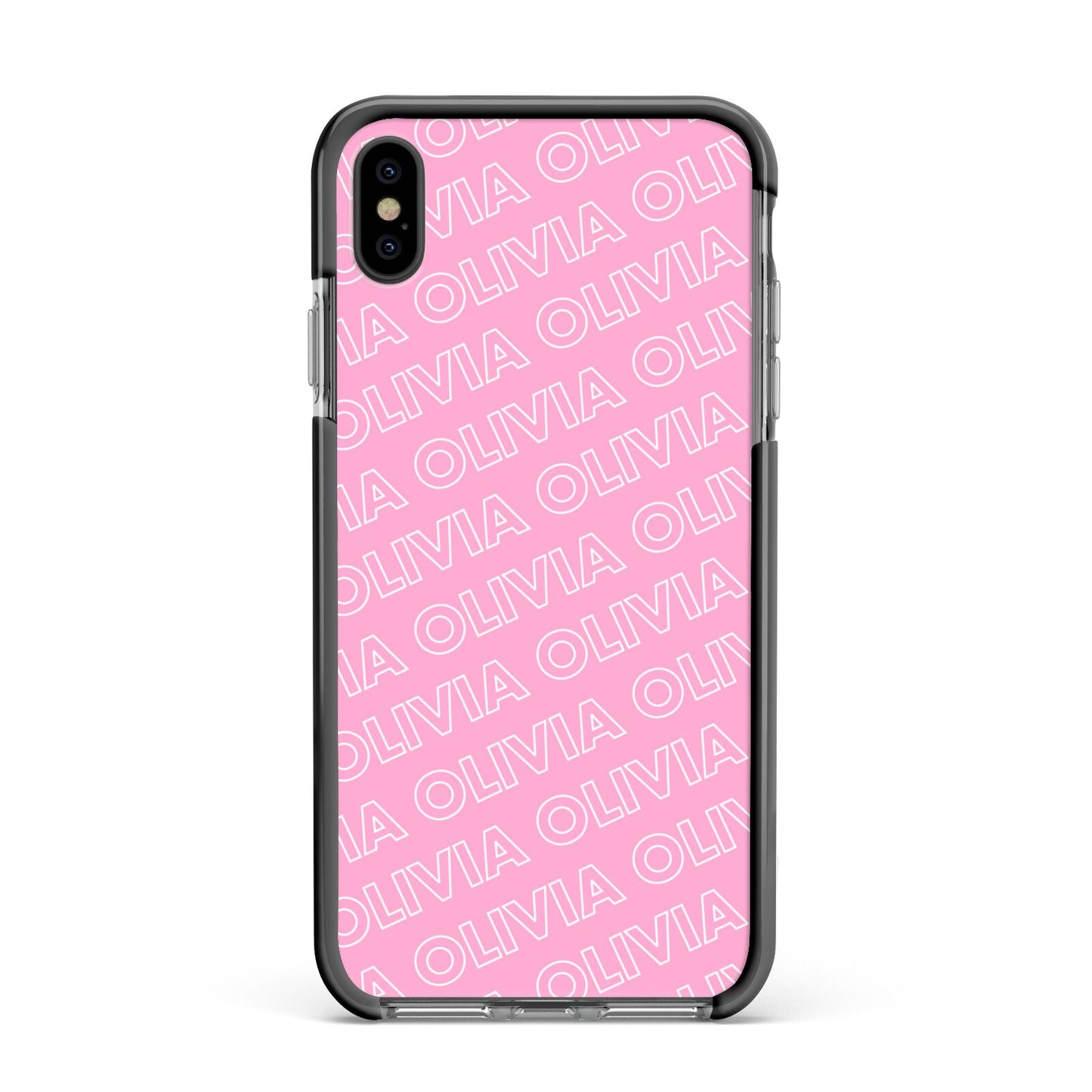 Personalised Pink Diagonal Name Apple iPhone Xs Max Impact Case Black Edge on Black Phone