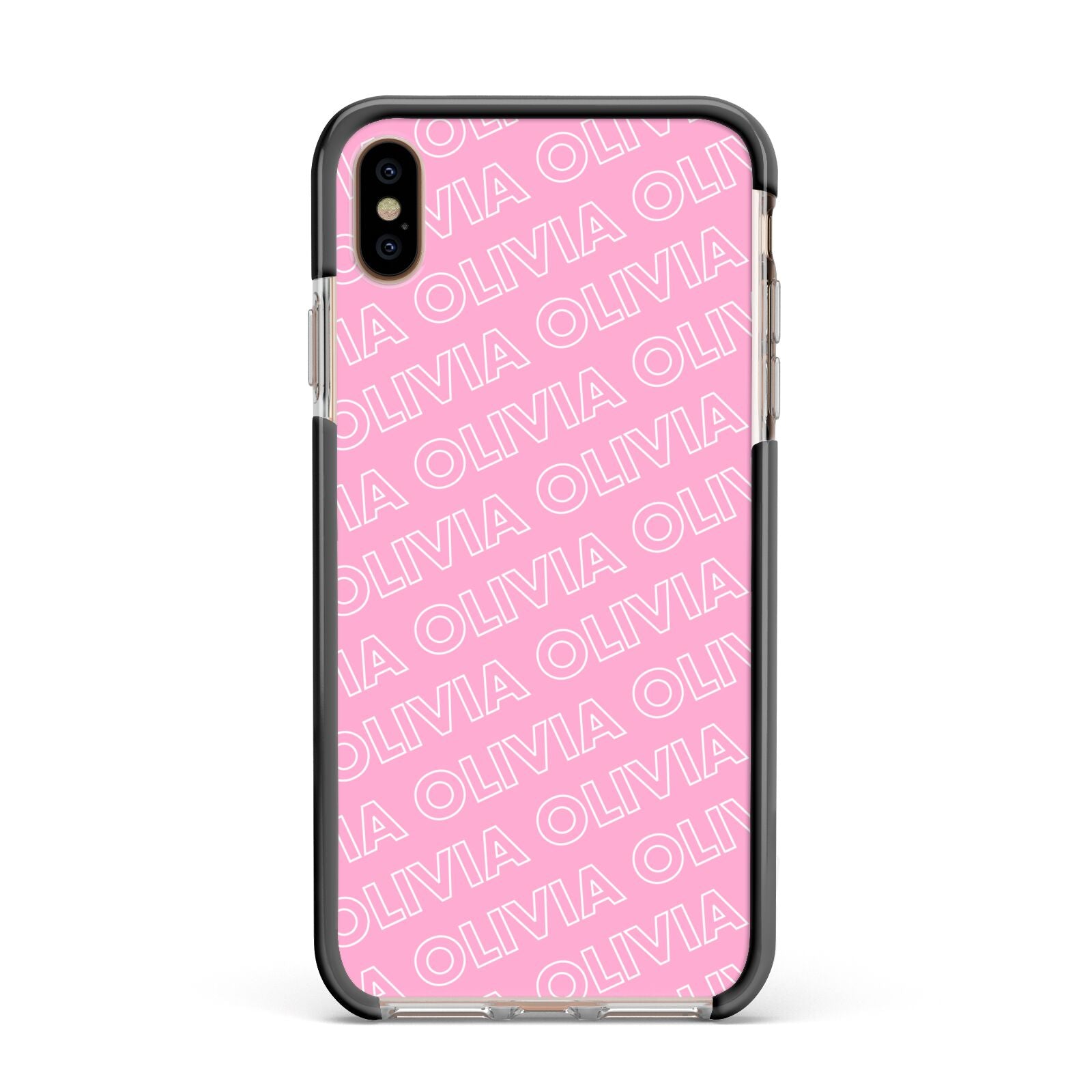 Personalised Pink Diagonal Name Apple iPhone Xs Max Impact Case Black Edge on Gold Phone