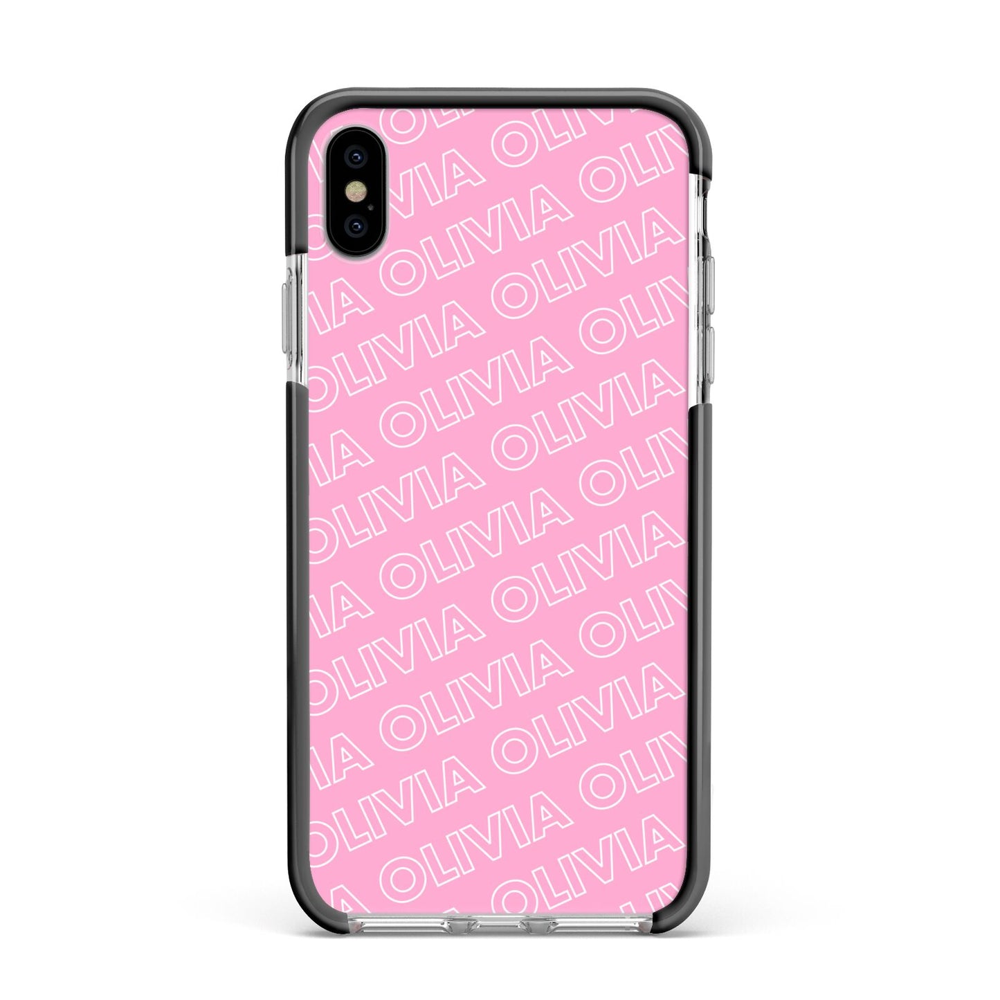 Personalised Pink Diagonal Name Apple iPhone Xs Max Impact Case Black Edge on Silver Phone