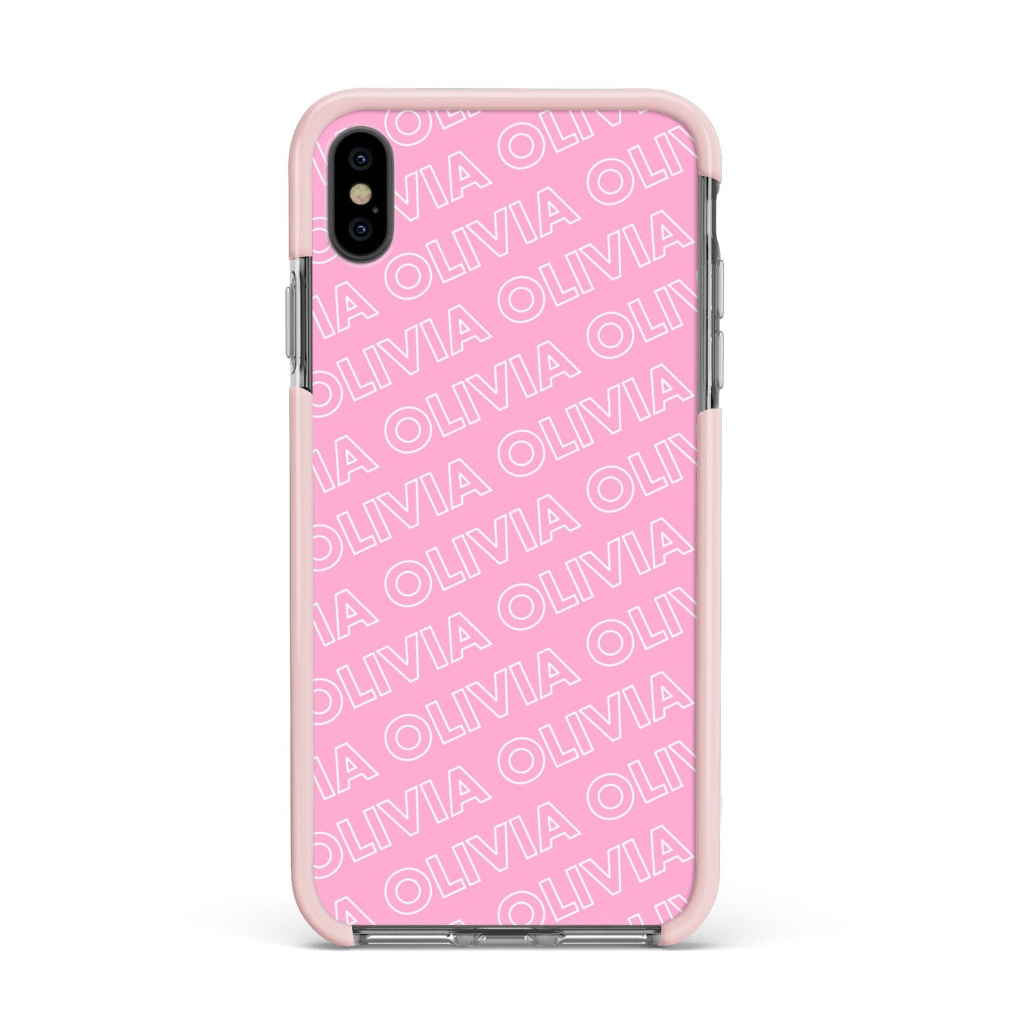 Personalised Pink Diagonal Name Apple iPhone Xs Max Impact Case Pink Edge on Black Phone