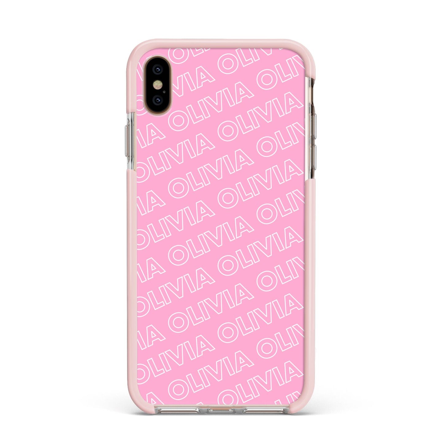 Personalised Pink Diagonal Name Apple iPhone Xs Max Impact Case Pink Edge on Gold Phone